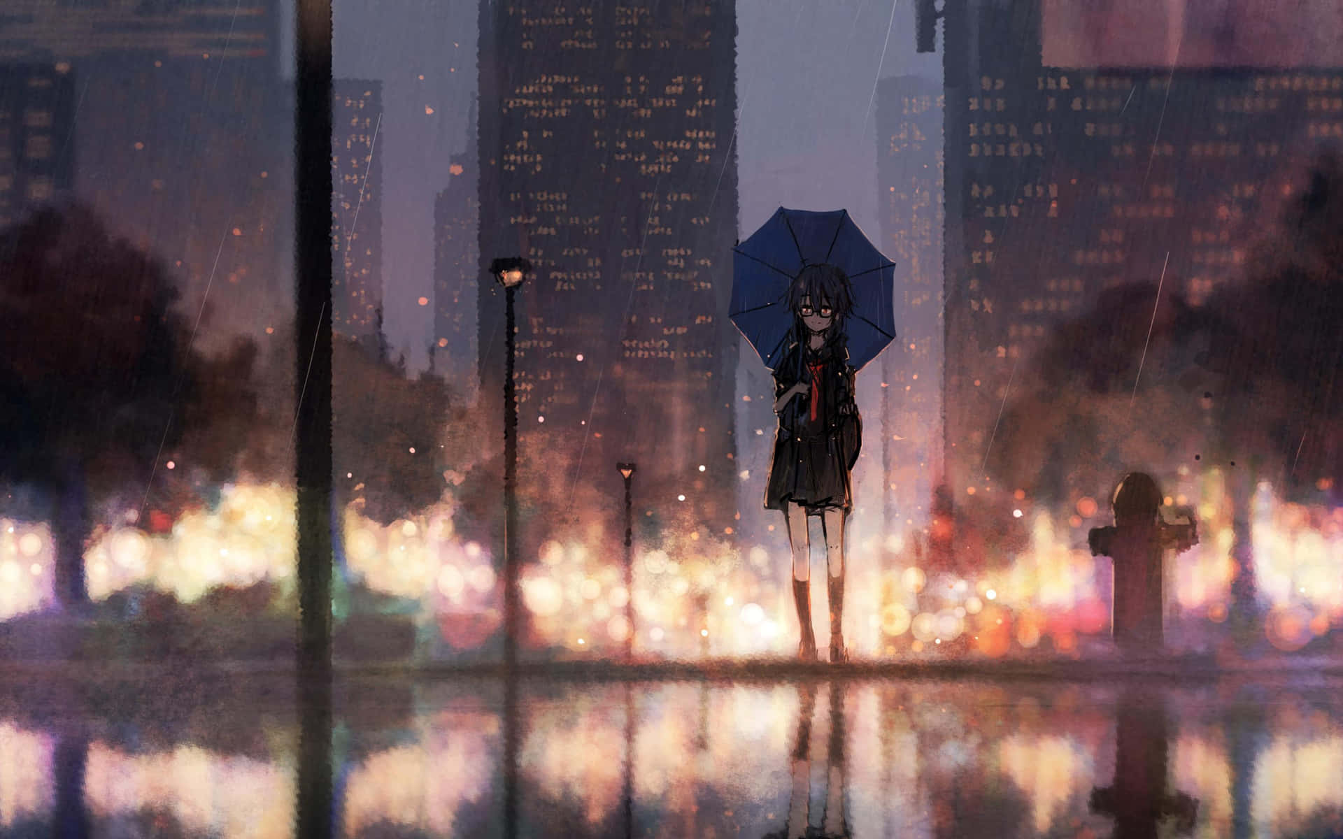 動漫女孩在雨夜的城市中拿著藍色雨傘，閃爍的燈光和倒影。