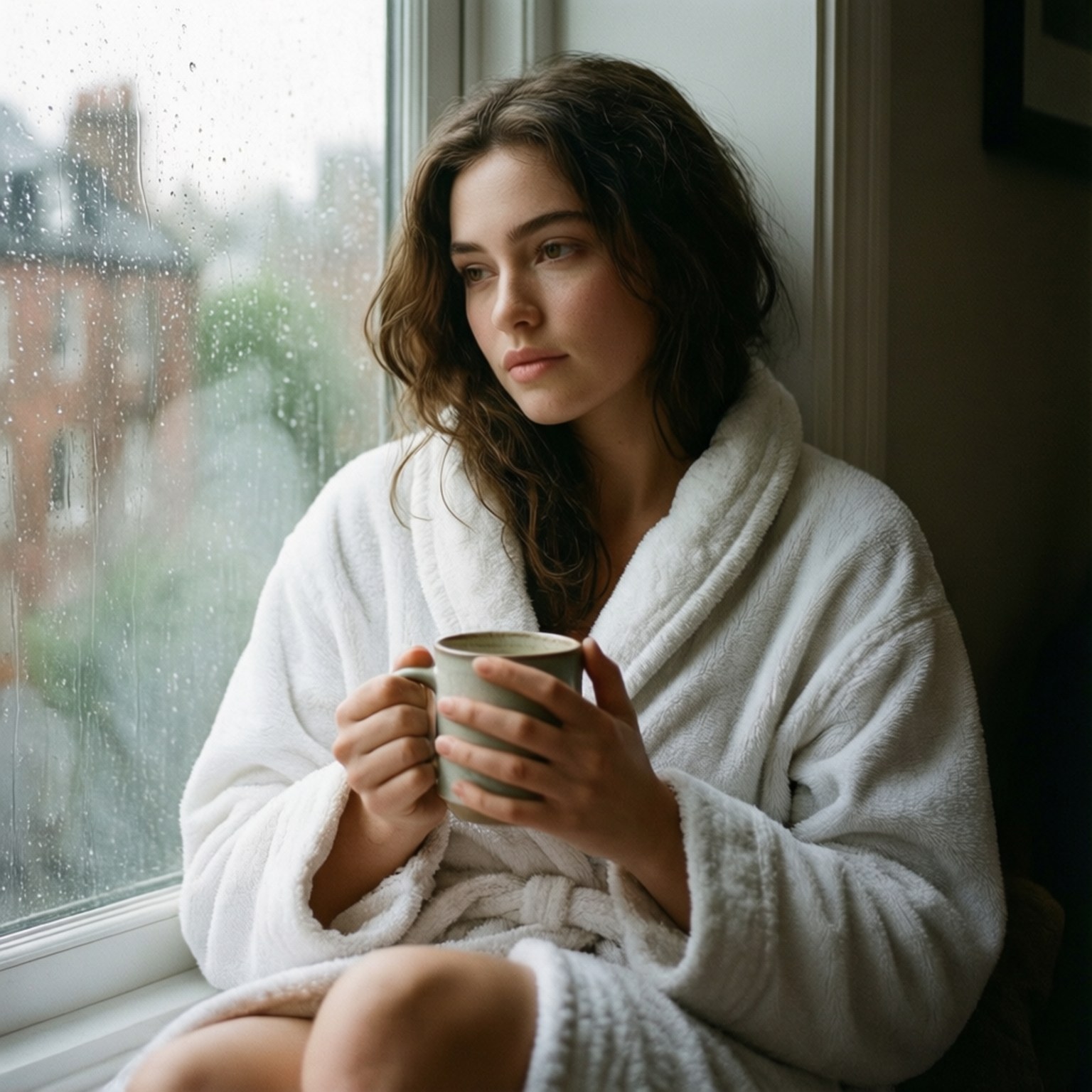 身穿白色長袍的女性在雨窗前手持馬克杯的室內場景