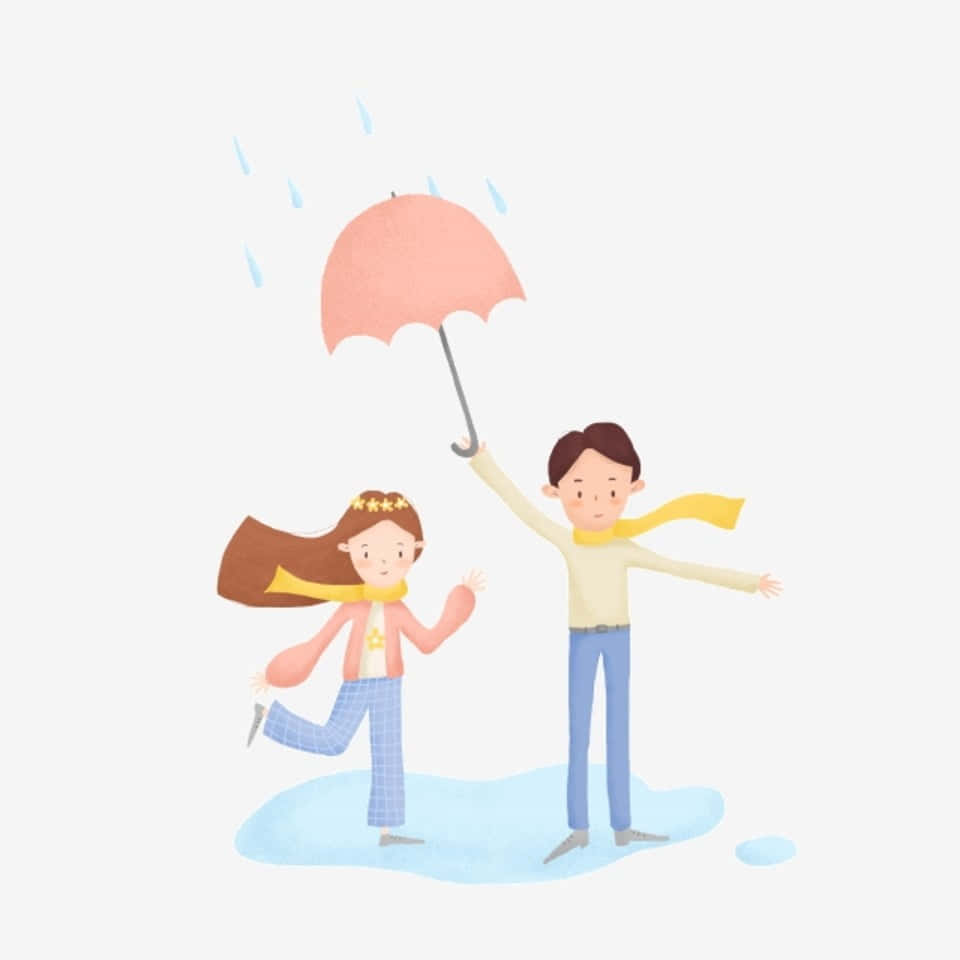 雨天的特別時刻 壁紙 — 一對快樂的卡通情侶在雨水坑中跳舞，男子為他們撐著粉紅色雨傘。