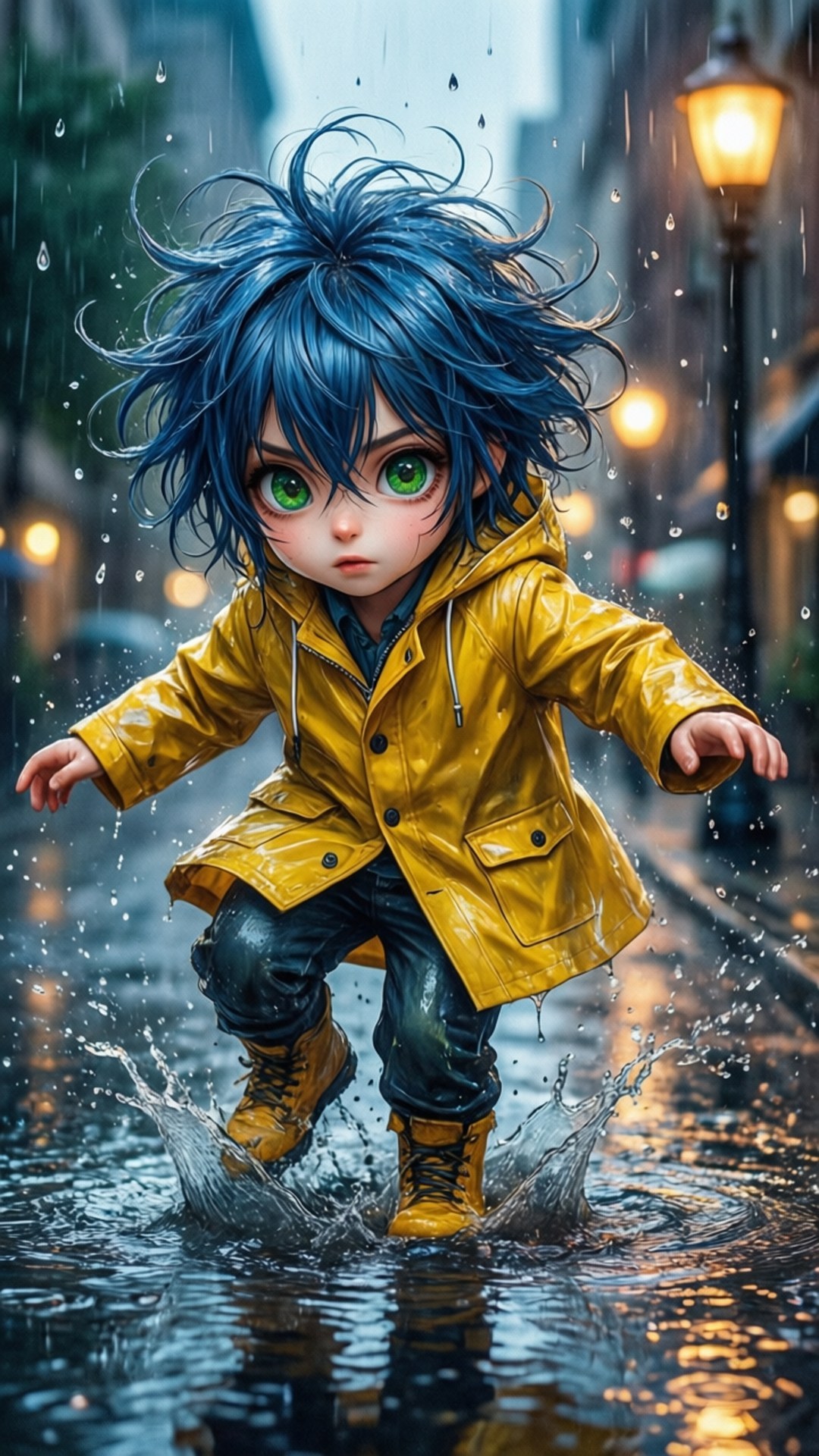 雨天踩水的動漫小孩 壁紙 — 一個藍髮綠眼的Q版小孩穿著黃色雨衣在濕漉漉的城市街道上跳躍，濺起水花。