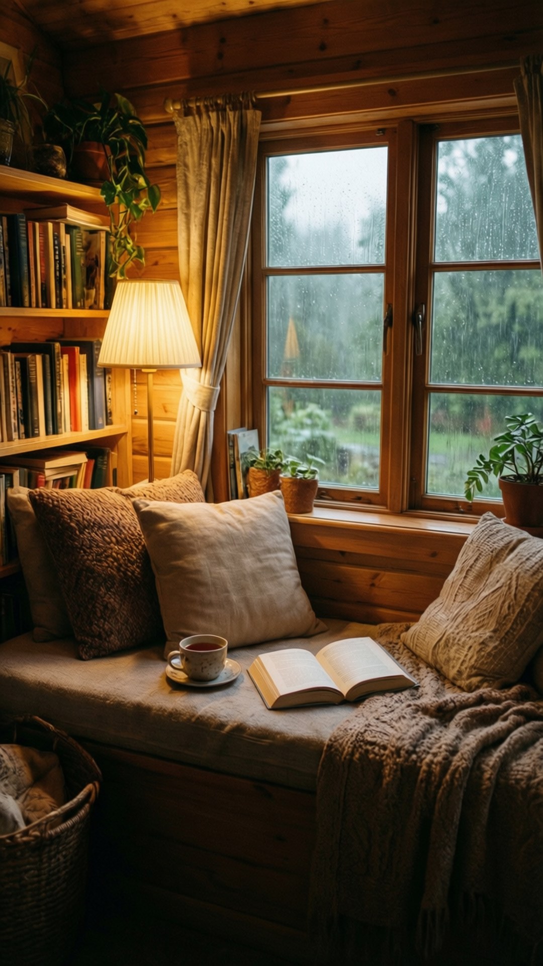 舒適的木製閱讀角落，有打開的書、茶和透過窗戶的雨景