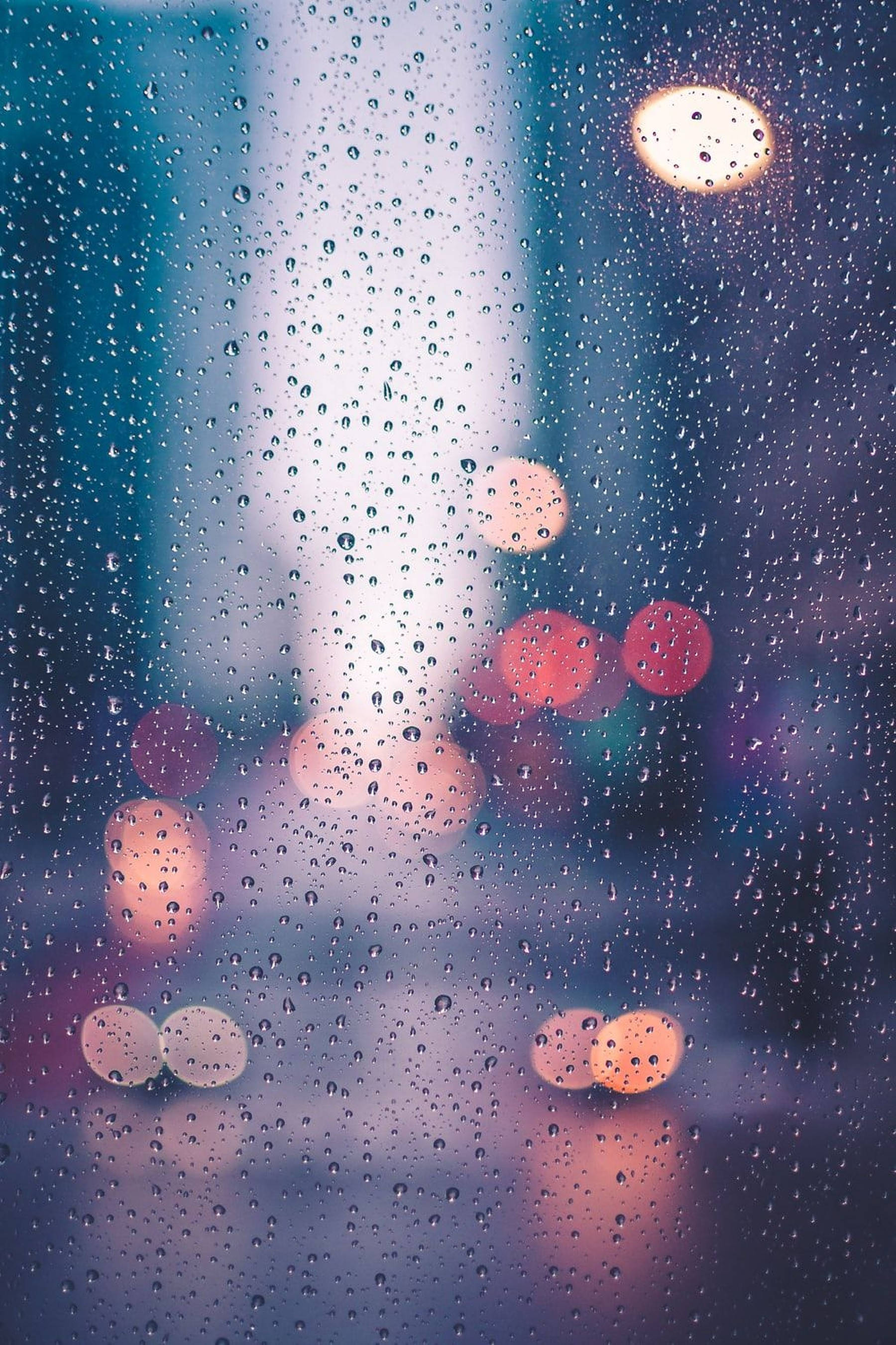 雨天雨滴 壁紙 — 雨滴依附在窗戶上，映出模糊的城市燈光，在清涼的藍色夜晚背景下溫暖地閃爍。