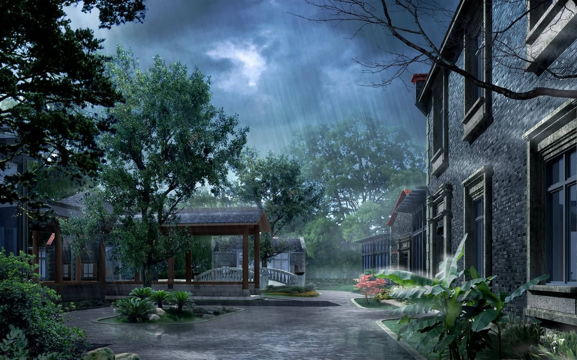 雨天風景 壁紙 — 雨水穿過暴風雲層傾瀉到一個寧靜的庭院，庭院內有石頭建築和茂密的綠色植物。