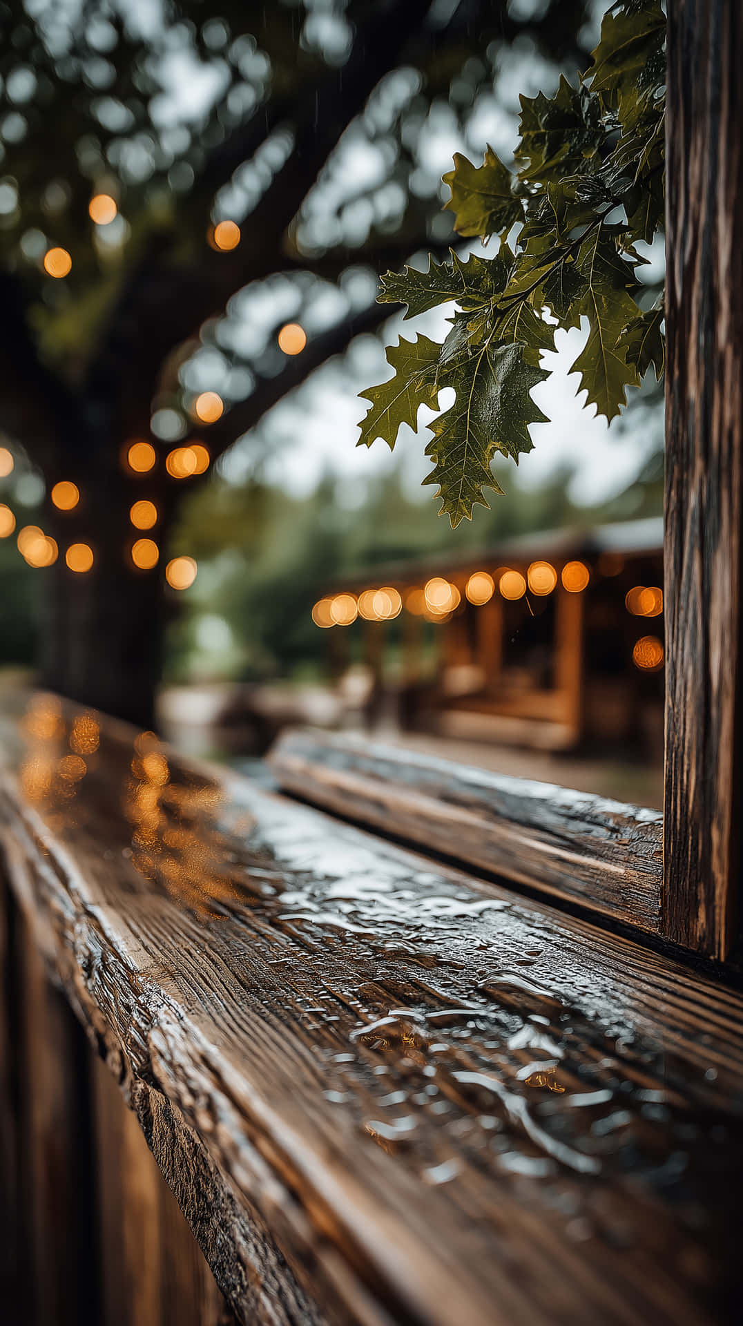 濕漉漉的木製欄杆帶有雨滴，樹葉茂密的樹枝後面有模糊的溫暖燈光