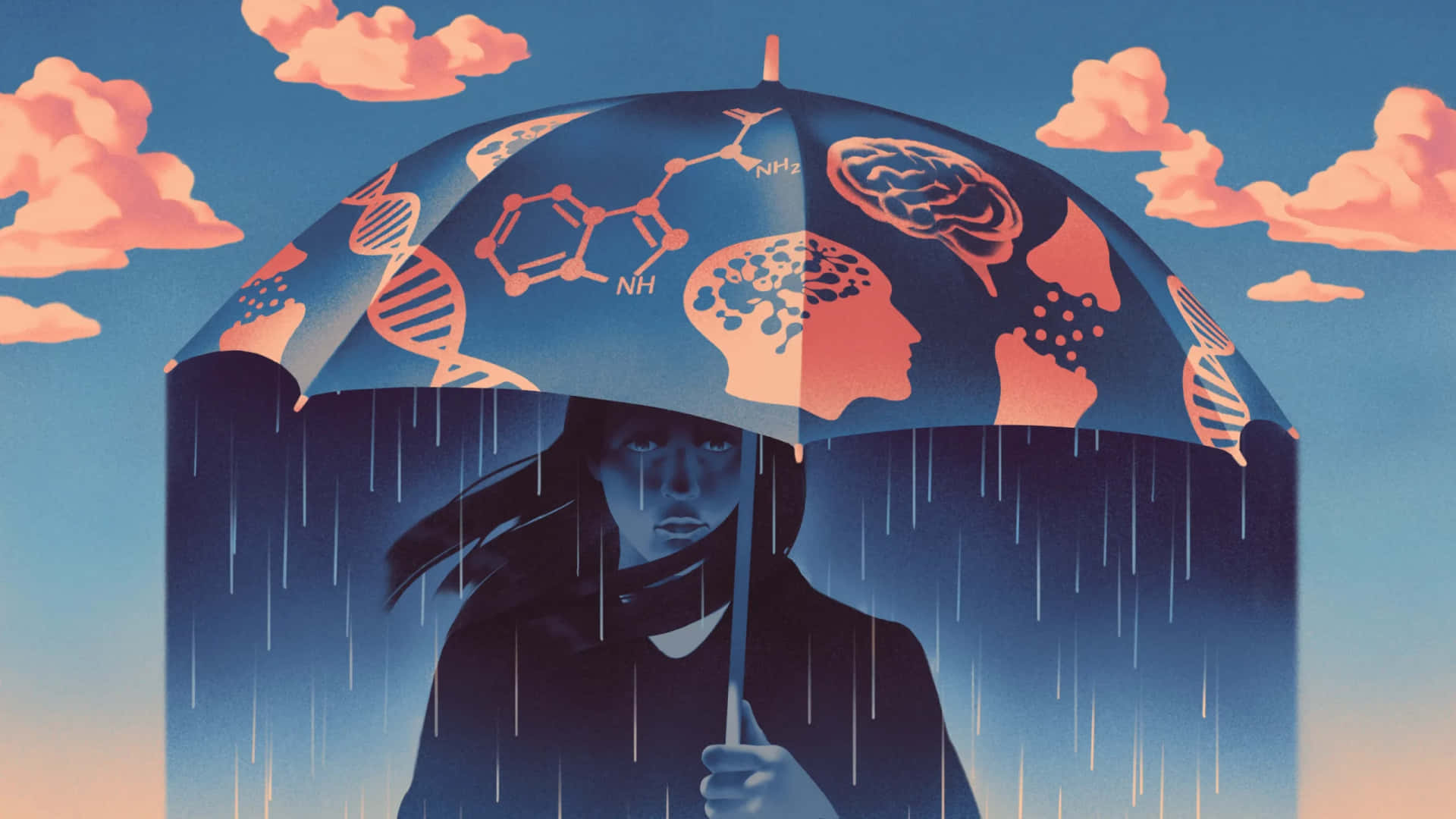 女子在粉紅雲朵下的雨中手持帶有科學符號的雨傘。