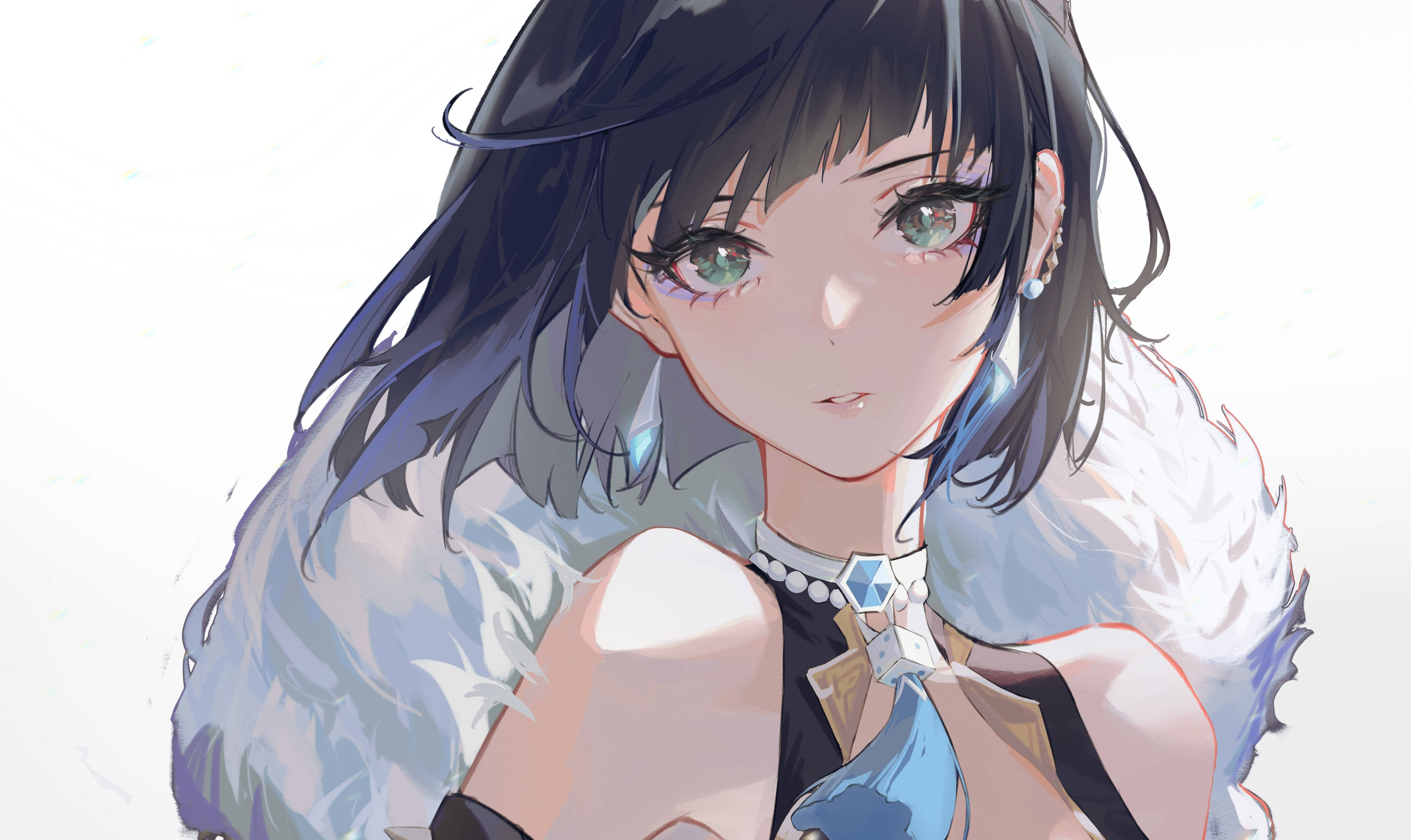 雨季之子——原神葉蘭 壁紙 — 一個特寫動漫女孩，深色頭髮和綠色眼睛，戴著白色毛領和珍珠項鍊，背景明亮。