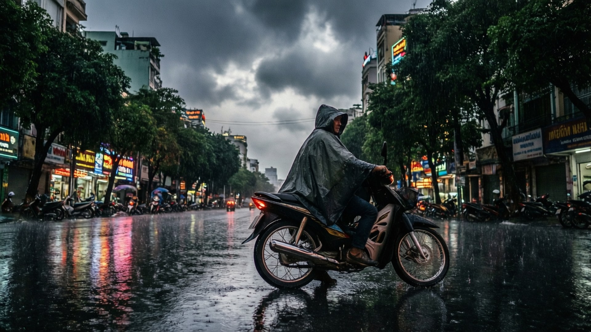 電單車手穿雨披在濕街騎行，暴雨雲下，霓虹反射