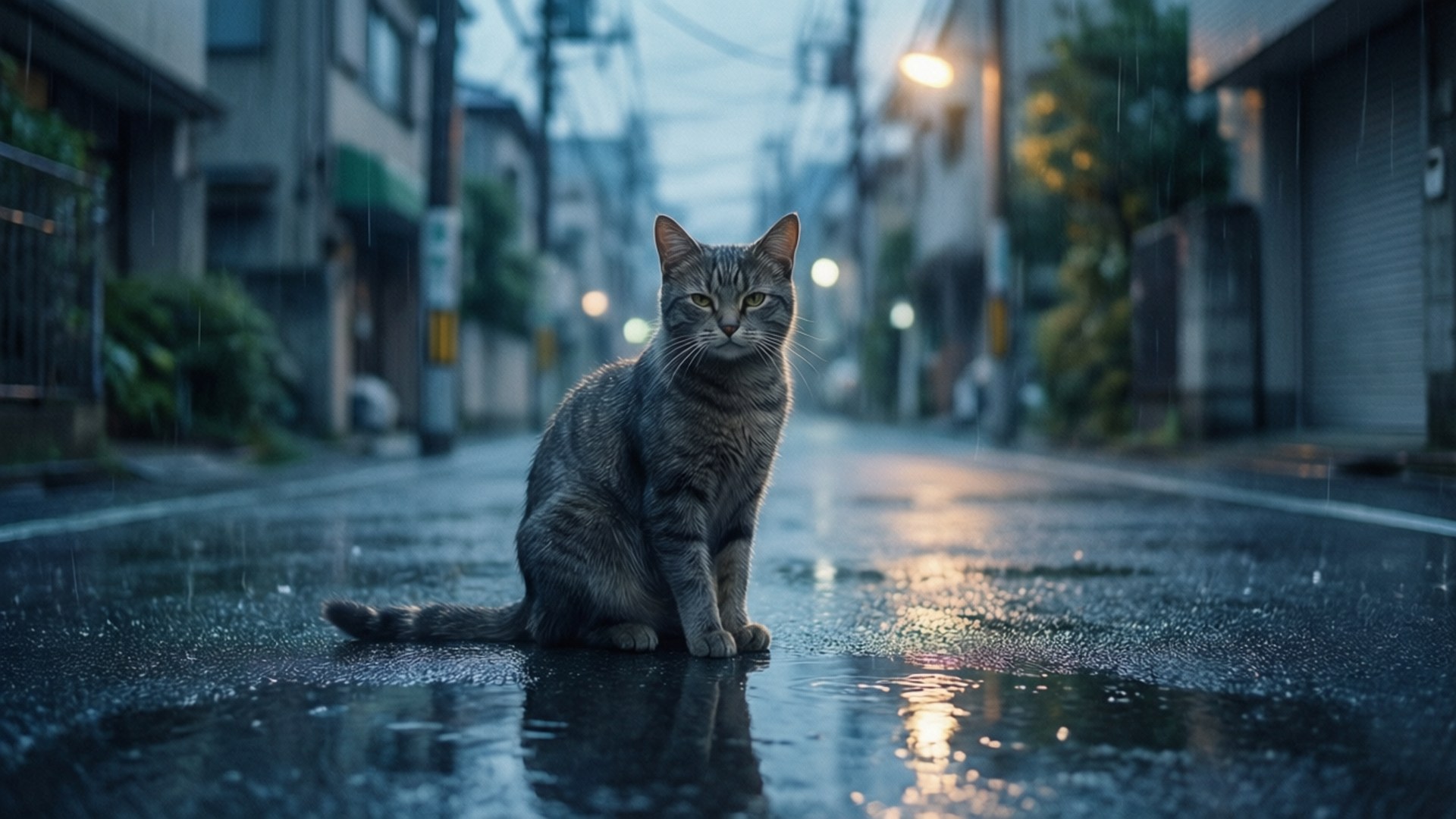 一隻灰色虎斑貓在雨中坐在街燈下的濕漉漉的城市街道上。