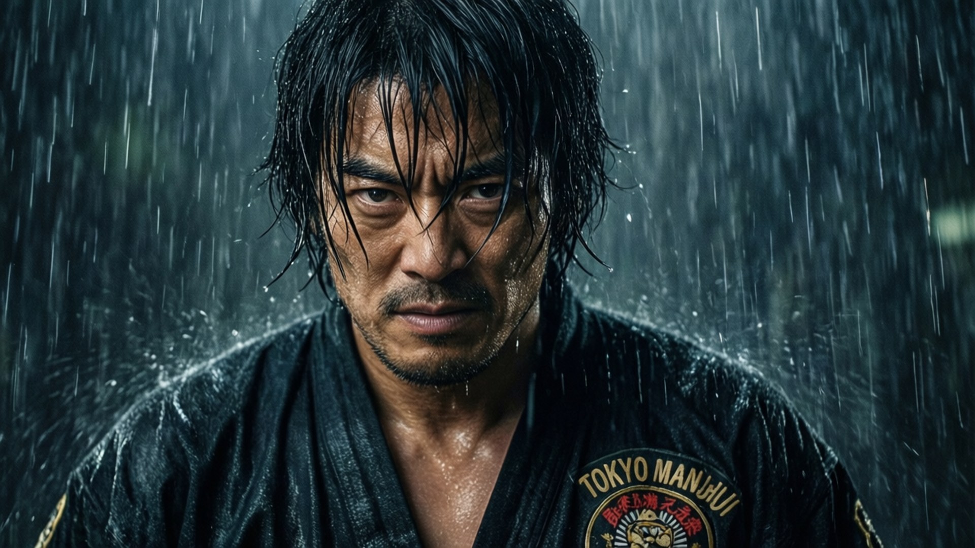 雨幕凝視 壁紙 — 一個穿著濕透黑色武術道服的男人在傾盆大雨中，頭髮和臉上的水滴落，專注地凝視著相機。