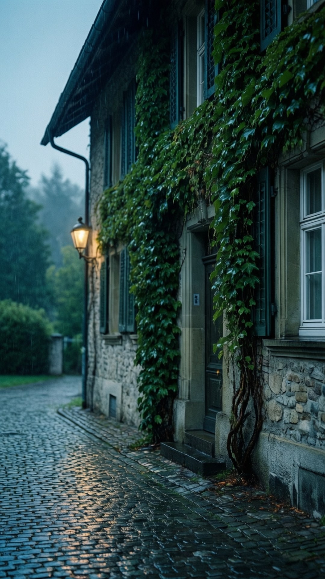 雨後的Schlössli 壁紙 — 黃昏時分的鵝卵石小巷，一座石頭建築被常春藤覆蓋，一盞溫暖的燈籠在涼爽的藍色暮色中閃耀。