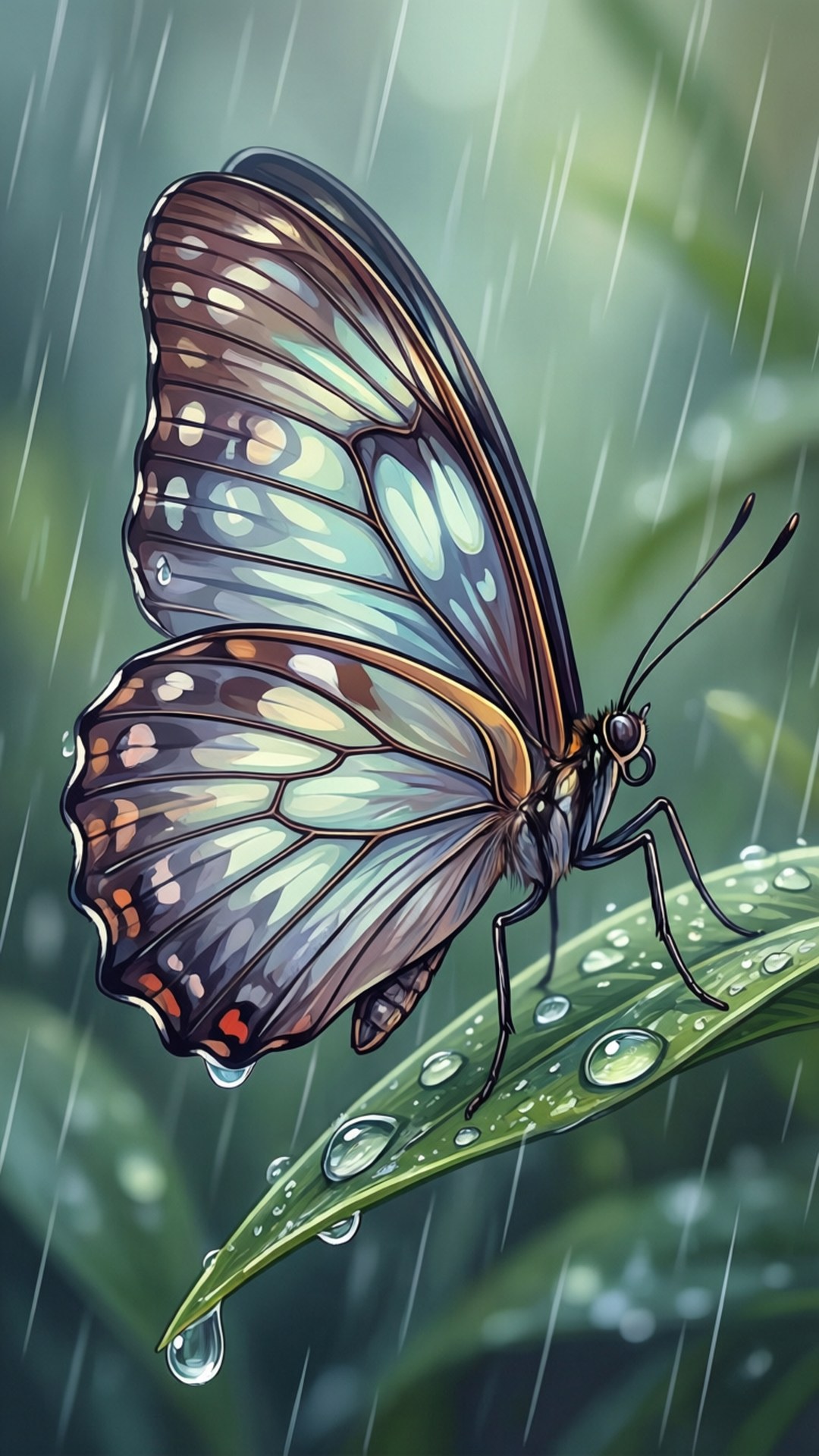 蝴蝶在雨濕的葉子上休息，帶有水珠