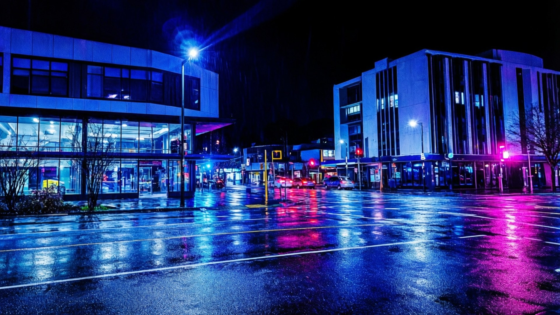 雨夜的城市街道，霓虹燈光在潮濕的人行道上反射。