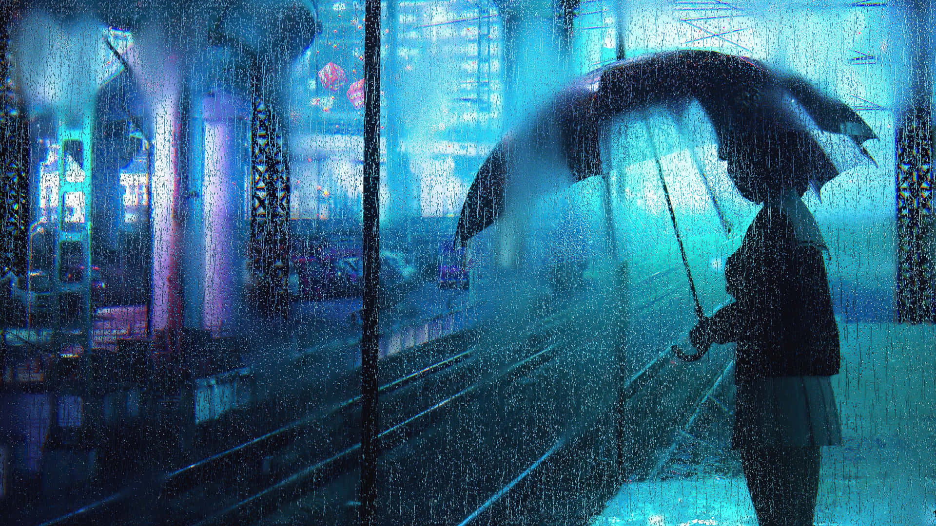在潮濕玻璃後霓虹燈閃爍的雨夜城市中，一個人撐著雨傘。