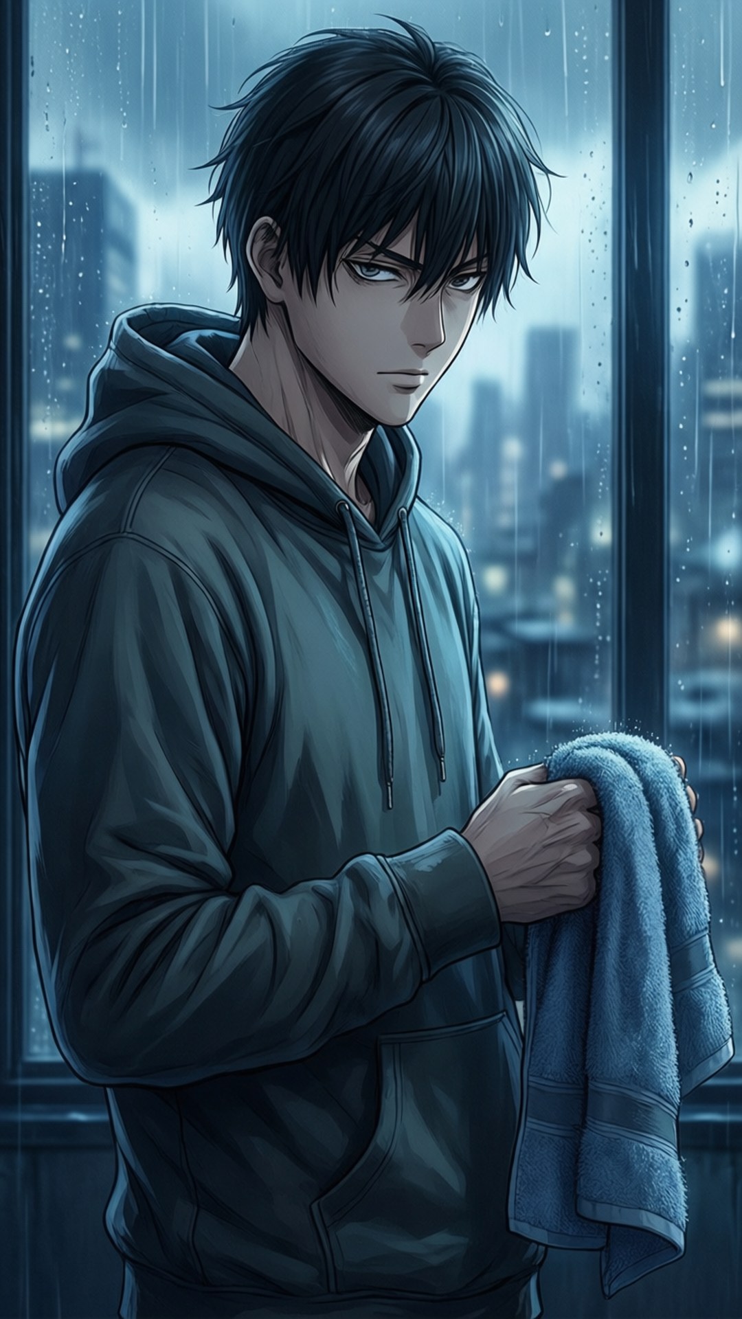 雨日沉思 壁紙 — 一個穿著連帽衫的年輕男子站在雨痕斑斑的窗邊，拿著一條毛巾，身後的城市燈光柔和地閃爍。