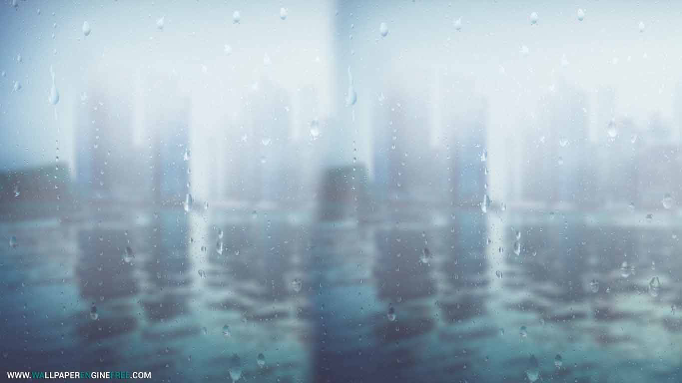 窗上的雨滴，背後是模糊的城市景觀。