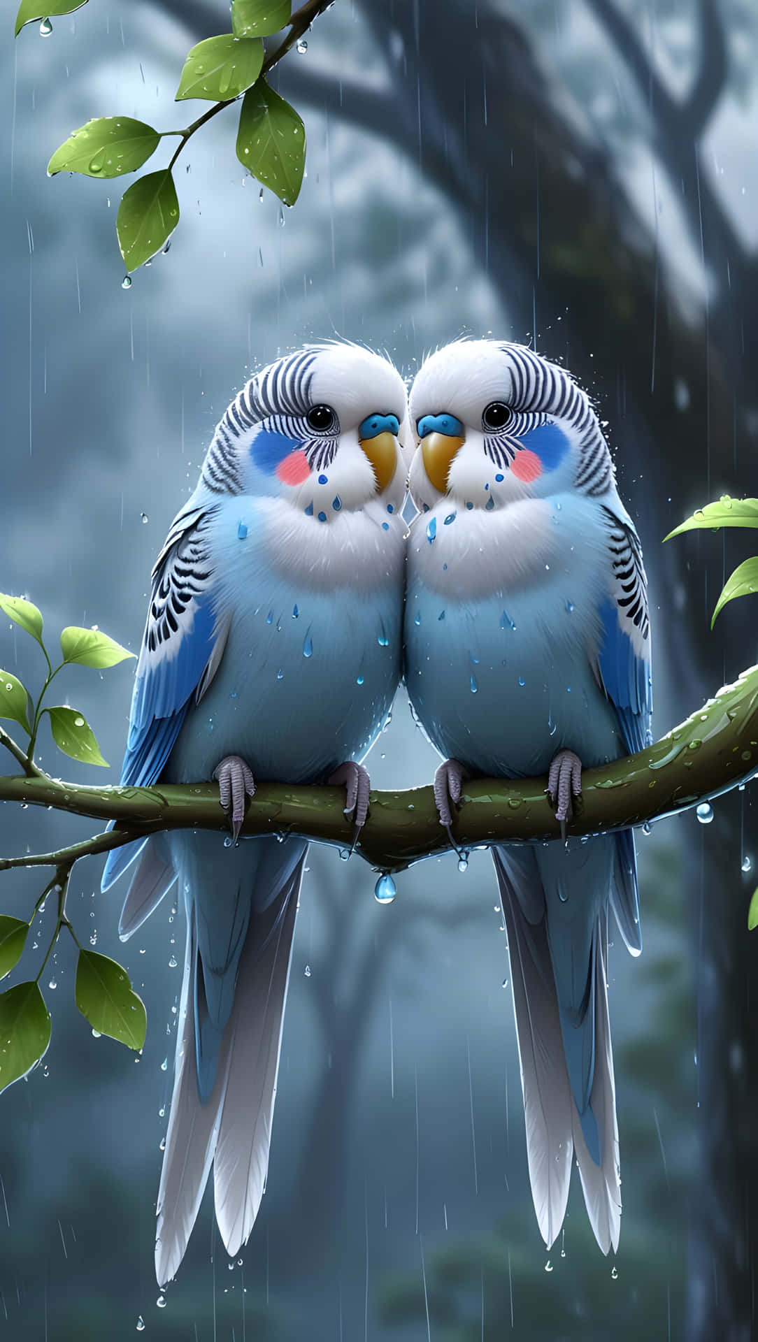 兩隻虎皮鸚鵡在森林雨中依偎在濕漉漉的樹枝上。