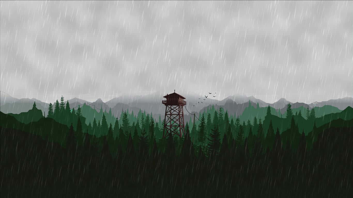 雨林中的火警瞭望塔 1366x768 監視器背景 壁紙 — 一座孤獨的木製瞭望塔矗立在雨淋的松樹林中，背景是霧氣繚繞的山巒。
