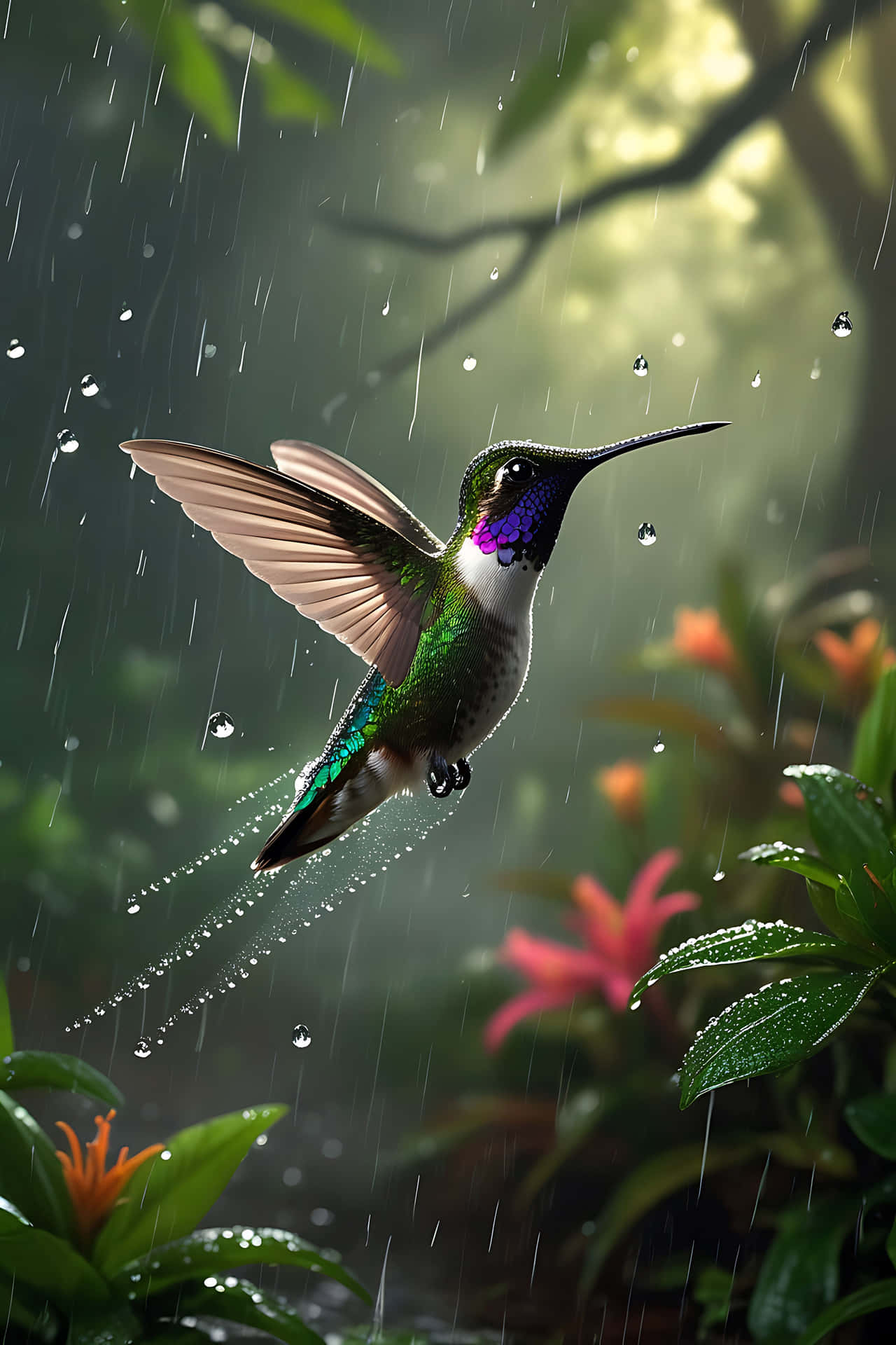 一隻蜂鳥在叢林中飛過雨，周圍有色彩繽紛的花朵和濕漉漉的葉子。