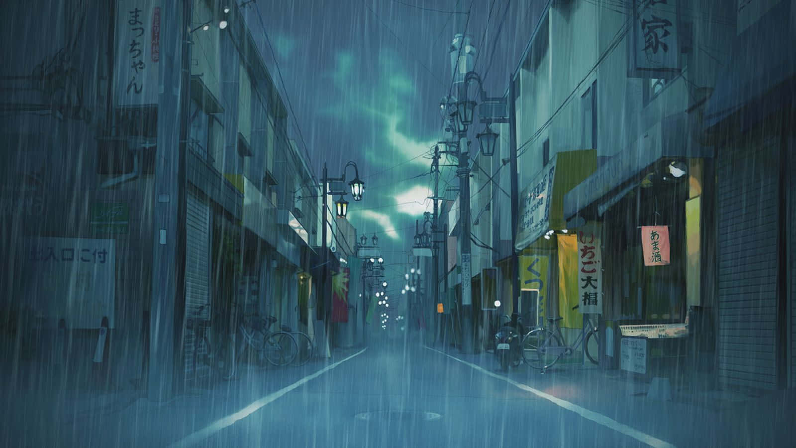 Raining 桌布 壁紙 — 雨水傾瀉在夜晚狹窄的日本街道上，發光的燈籠和霓虹燈招牌在潮濕的路面上反射。