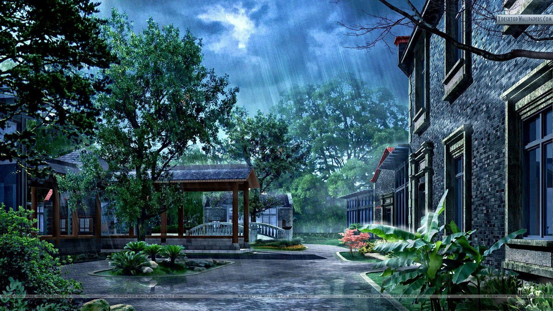 House 桌布 壁紙 — 雨水傾瀉在月光照耀的庭院中，石造建築、茂密綠植和木製亭閣在戲劇性的藍天下。