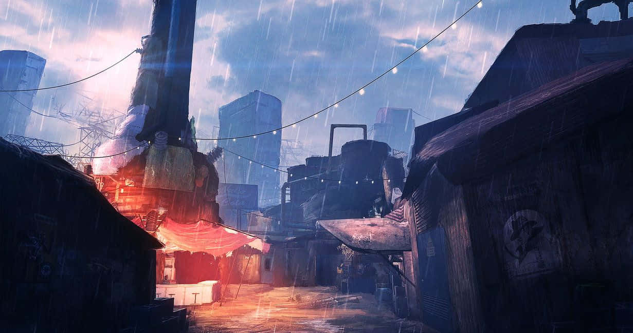 Diamond City 桌布 壁紙 — 雨水傾瀉在粗糙的城市小巷中，溫暖發光的燈串懸掛在風化的建築物之間，背景是陰鬱的暮色天空。