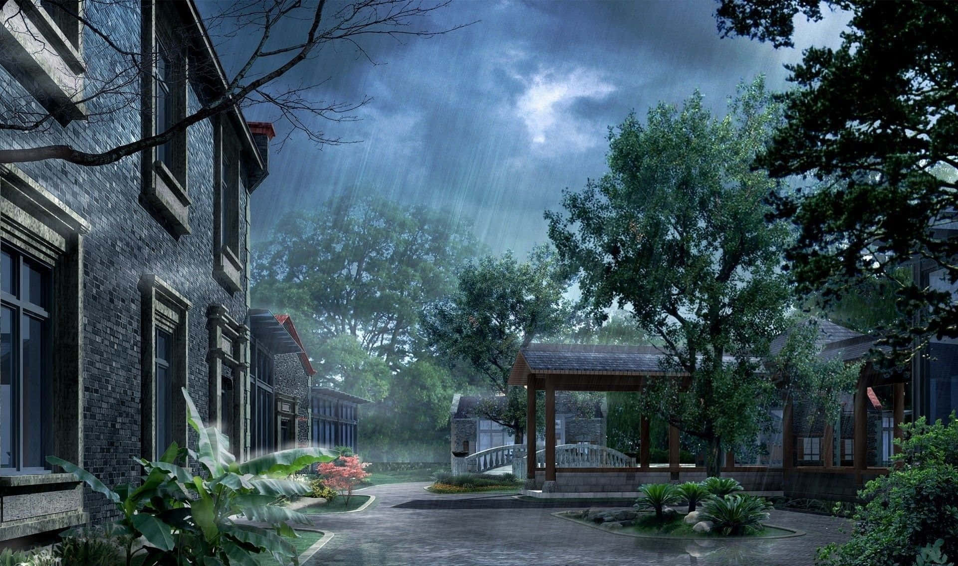 Rainy 桌布 壁紙 — 雨水沿著舊磚建築和茂密綠樹之間的寧靜庭院流下，籠罩在憂鬱的暮色天空下。