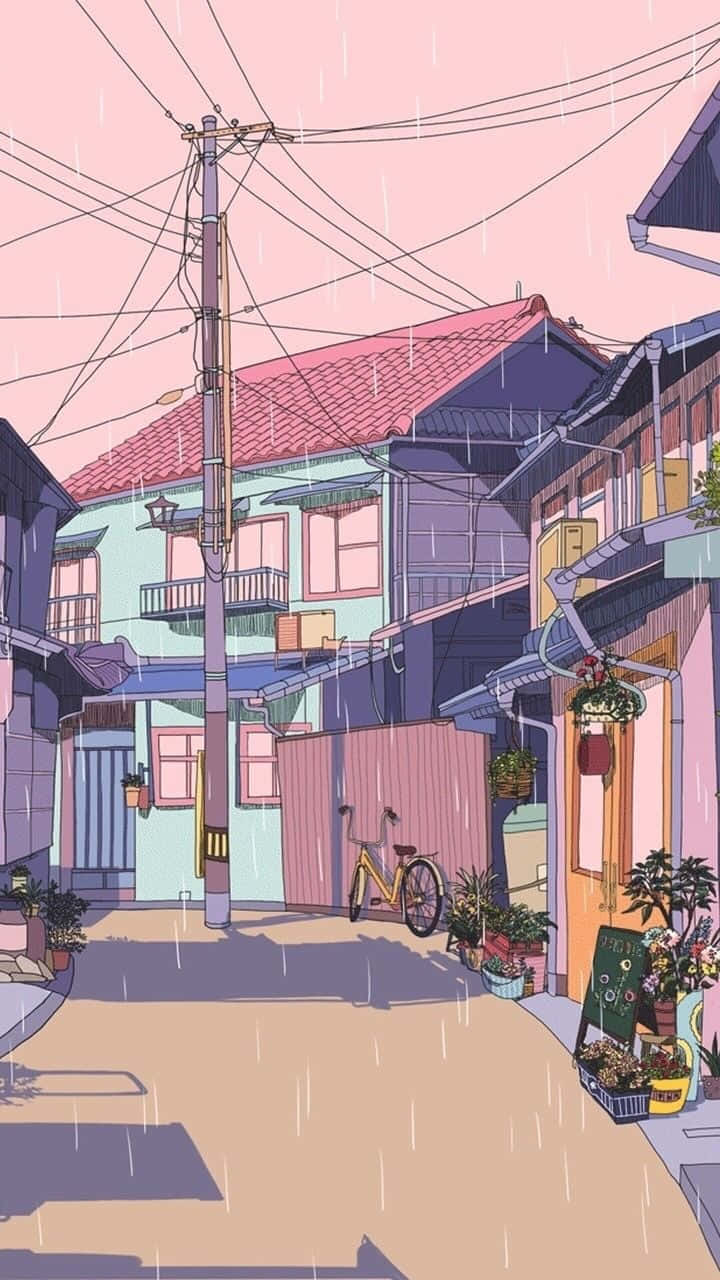 Lo Fi Aesthetic 桌布 壁紙 — 雨水輕輕落在粉彩色調的日本小巷，一輛黃色單車停泊在木門旁邊。