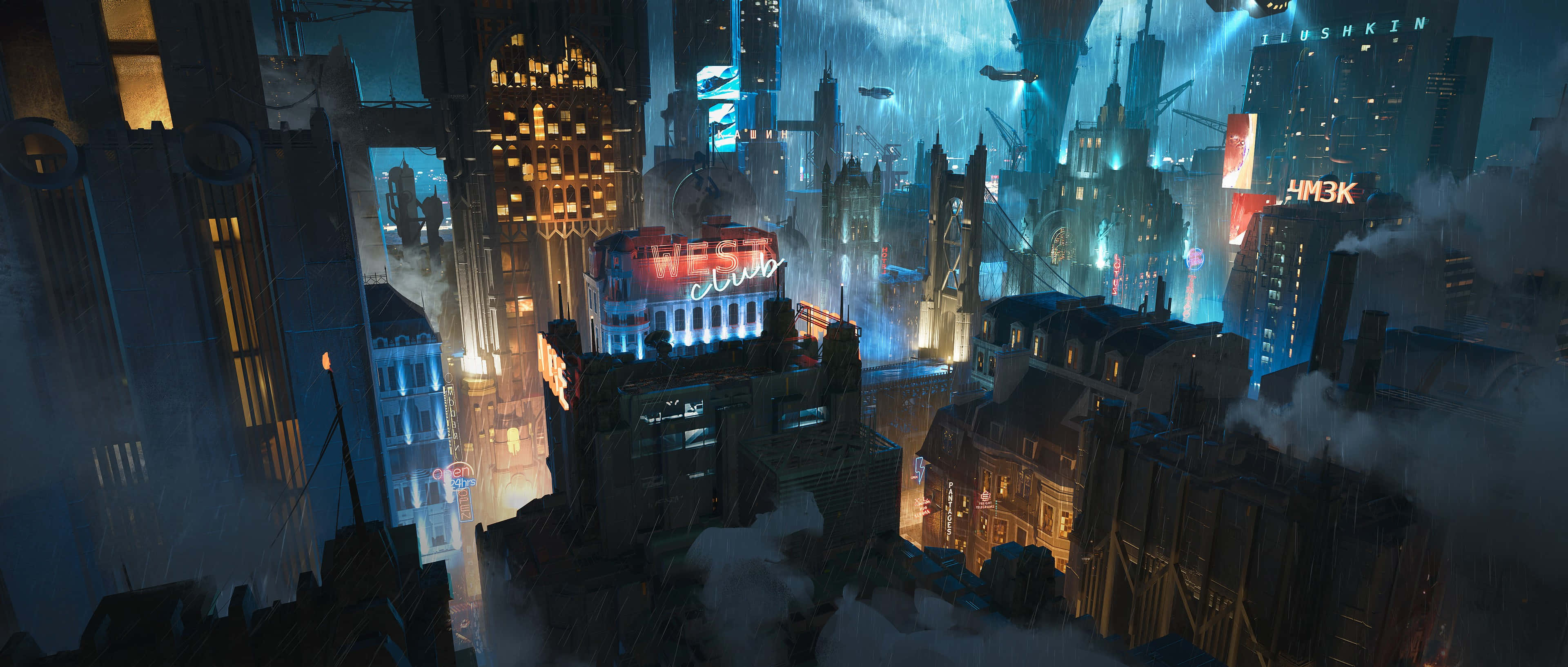 Dark Dystopian 桌布 壁紙 — 雨浸的賽博龐克城市夜景，霓虹燈牌在霧氣籠罩的摩天大樓和飛行車輛間閃爍。