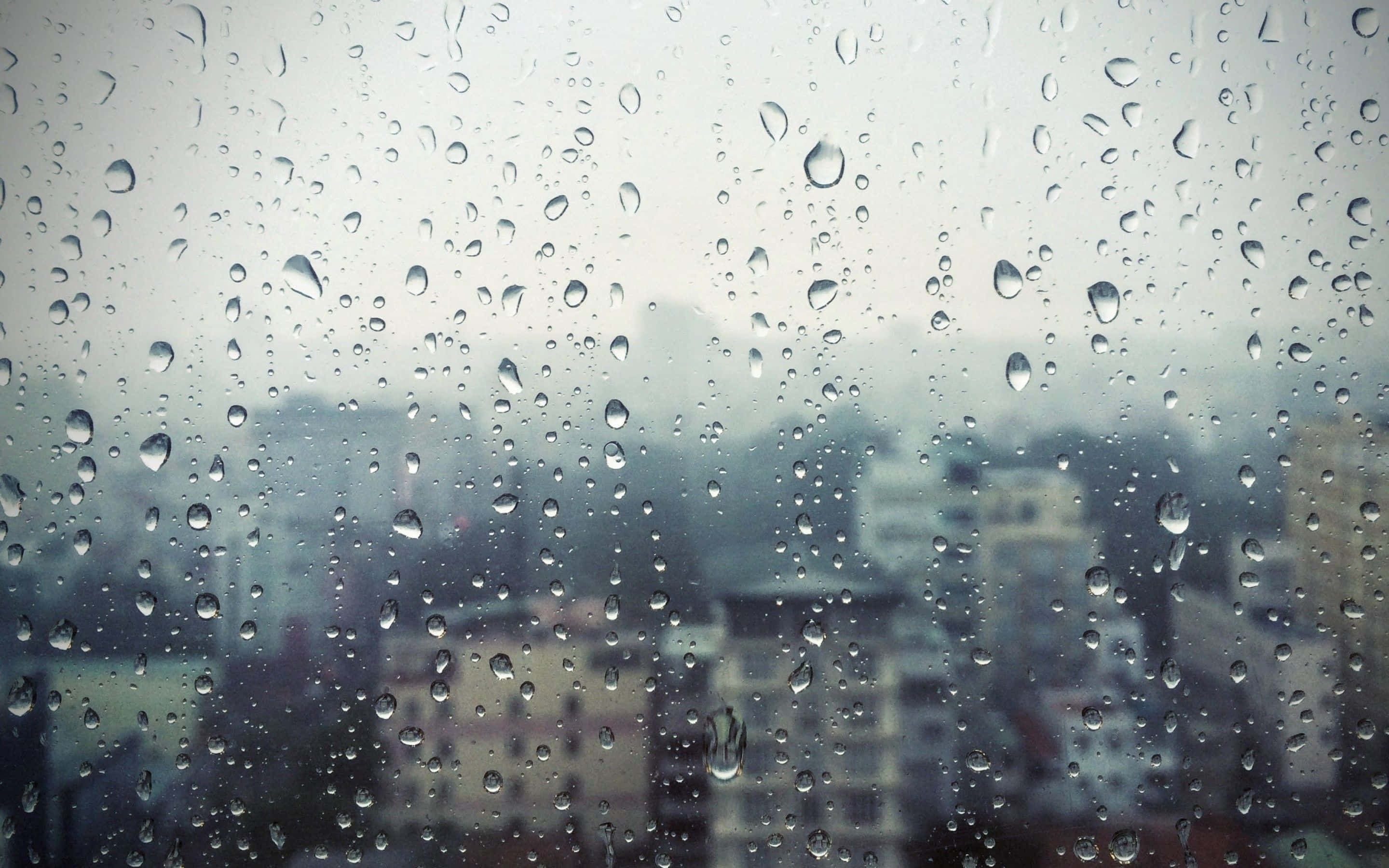 落雨 桌布 壁紙 — 雨滴依附在窗玻璃上，模糊了陰天籠罩下的朦朧城市天際線。