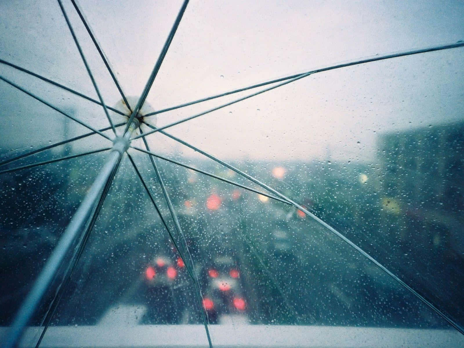 Refreshing 桌布 壁紙 — 雨滴沿透明雨傘篷滑落，模糊的城市燈光透過濕布閃爍。
