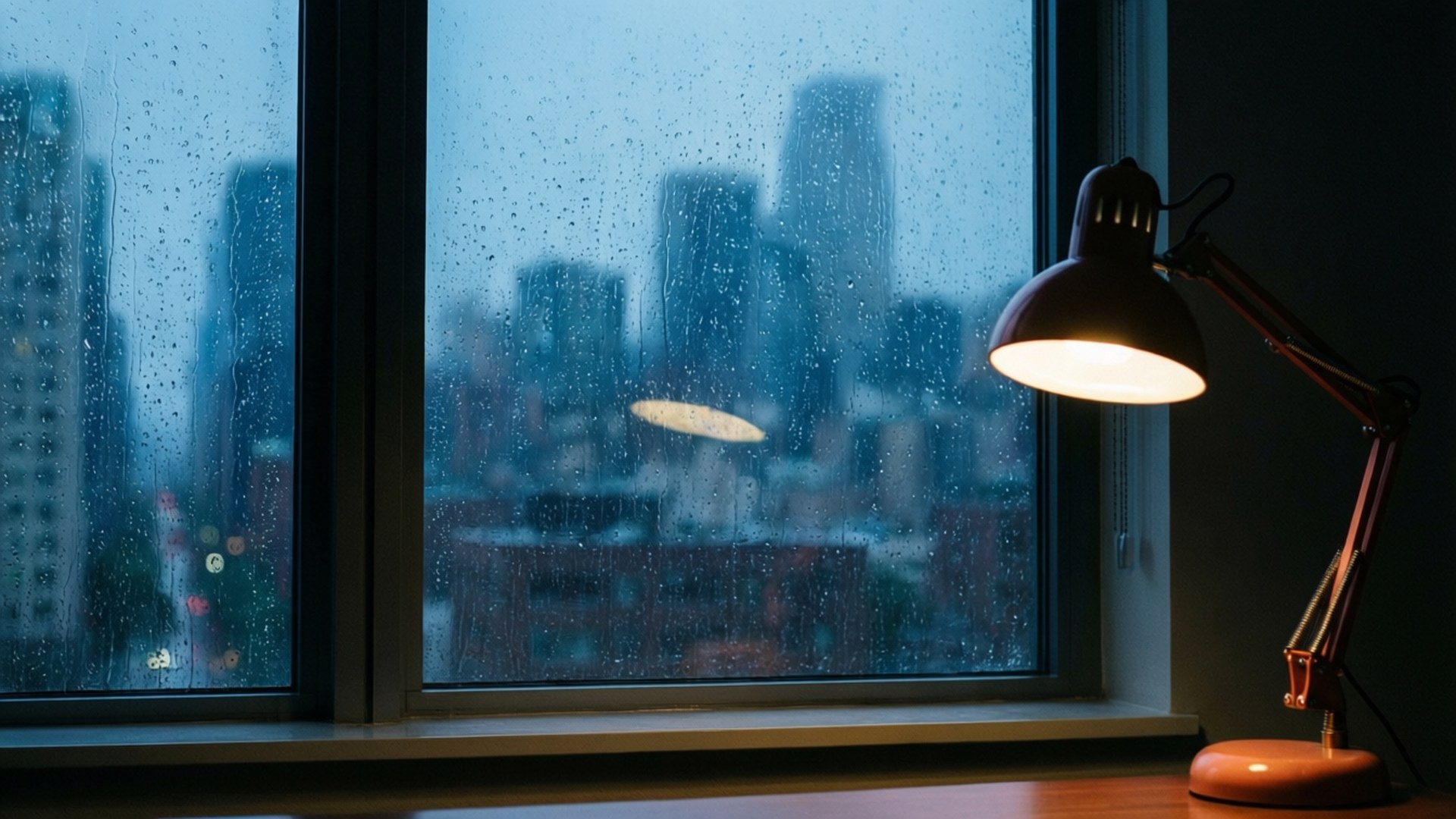 一盞亮著的桌燈在一個濺滿雨水的窗戶旁，顯示出夜晚昏暗的城市景觀。