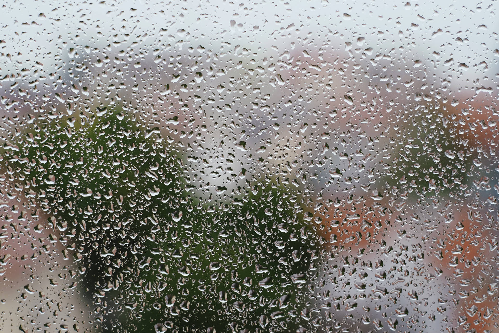 玻璃上的雨滴，背景有模糊的綠色樹木和橙色建築物。