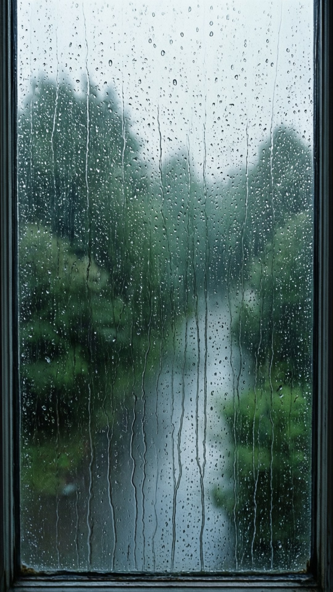 雨滴窗景 壁紙 — 雨水沿玻璃窗流下，顯露出模糊的綠色森林和迷霧小徑。