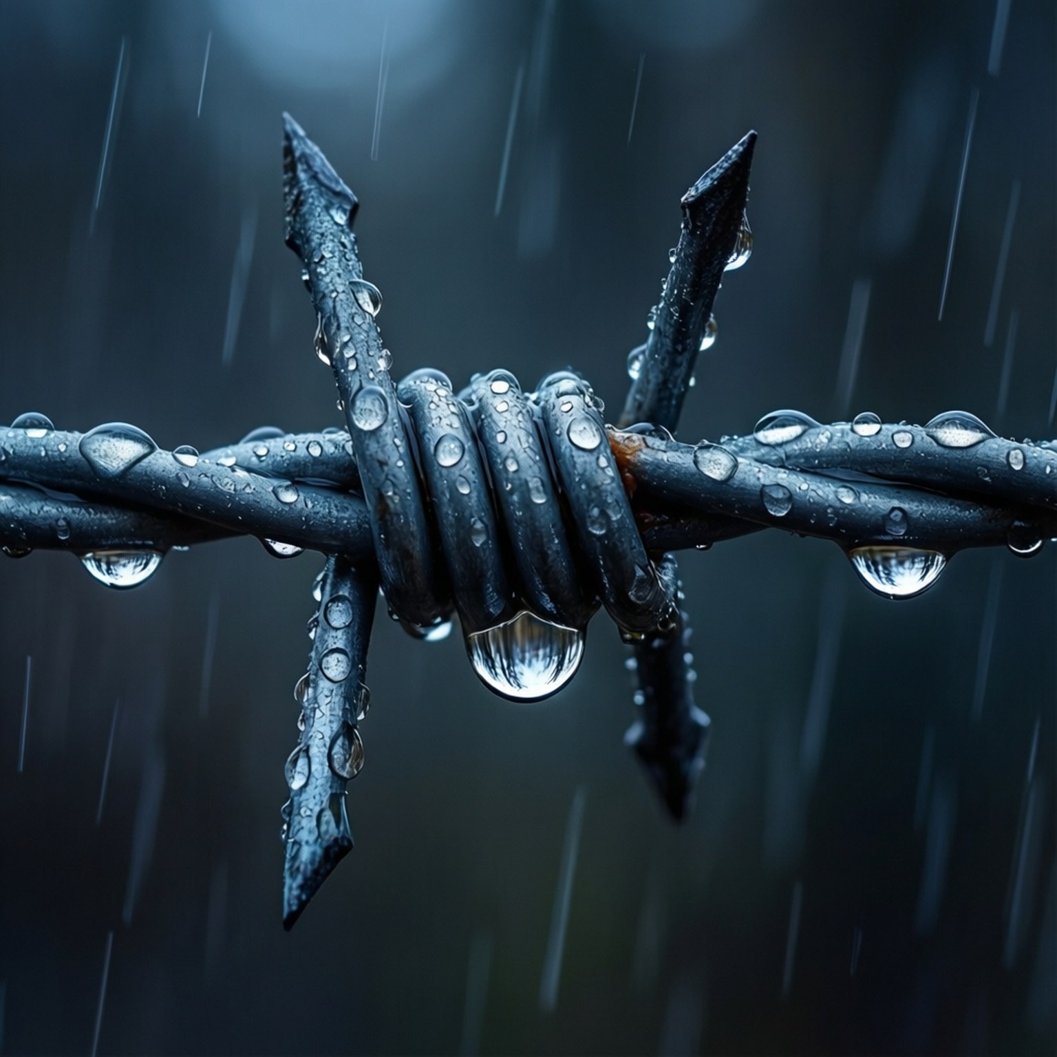 暴風雨中佈滿雨滴的鐵絲網
