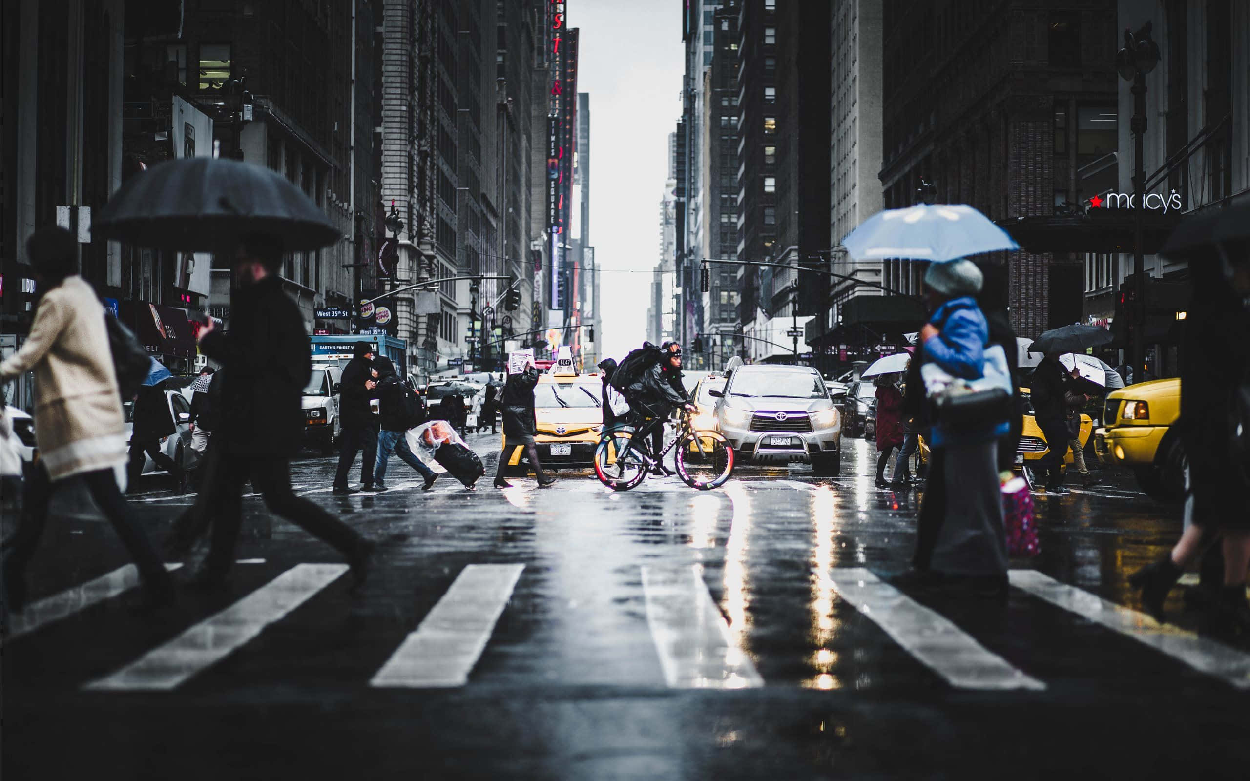 People 桌布 壁紙 — 雨濕的城市街道，擠滿了撐傘的行人和在摩天大樓之間穿越濕漉漉斑馬線的騎單車者。