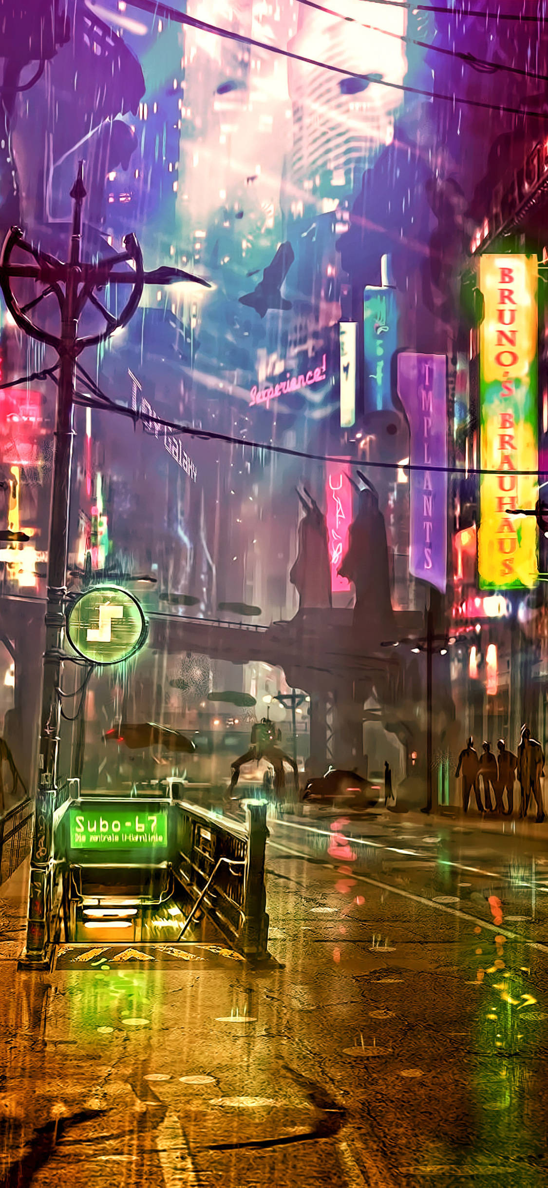 手機 桌布 壁紙 — 雨濕的霓虹燈光 cyberpunk 夜晚街道，閃爍標誌、倒影和未來大都市中的飛行車輛。