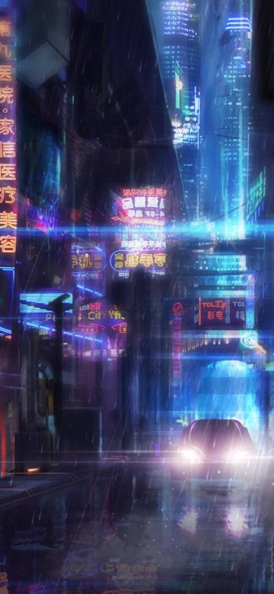 未來城市街道夜景，霓虹招牌和雨水在濕漉漉的瀝青上反射。
