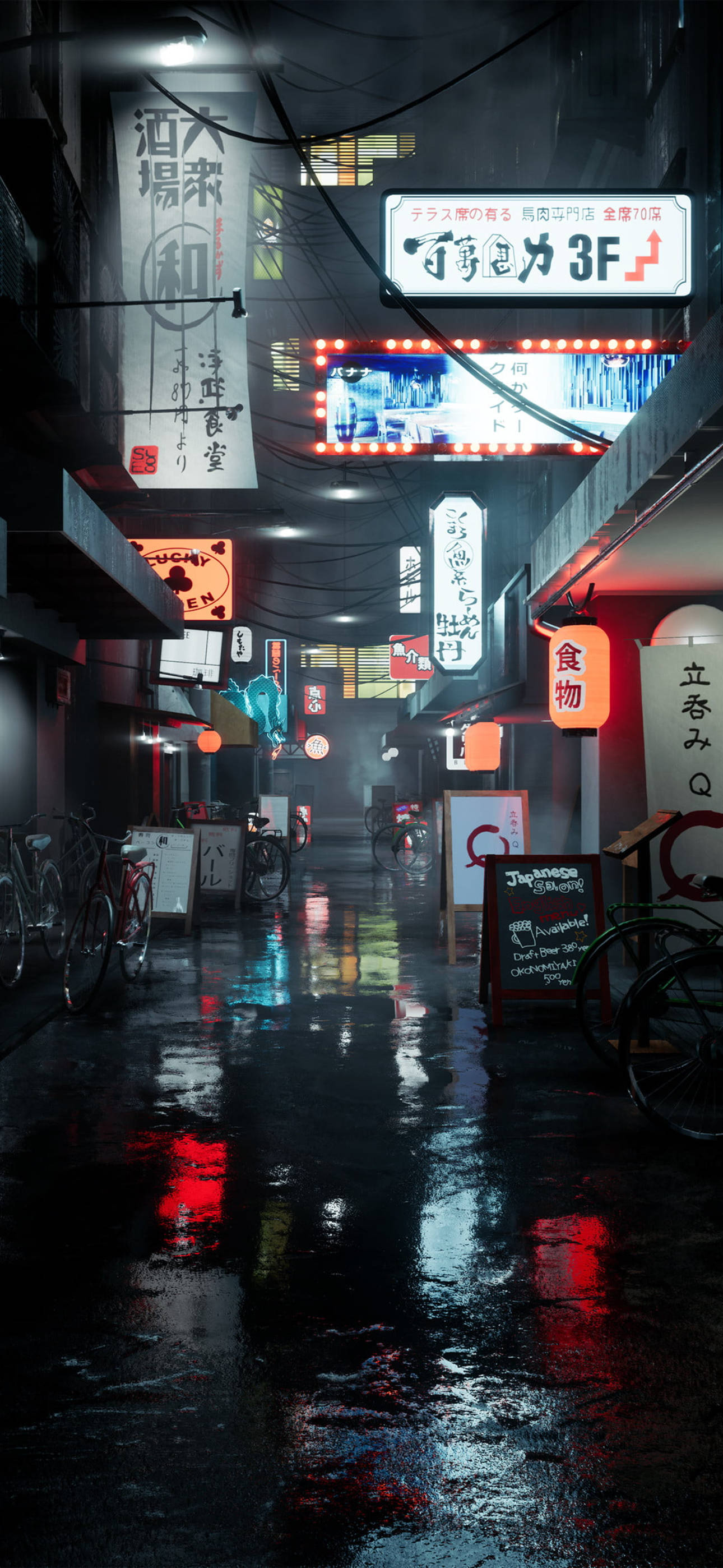 東京 桌布 壁紙 — 雨濕的霓虹燈小巷夜晚，發光招牌映照在濕漉漉的路面和停泊的單車上。