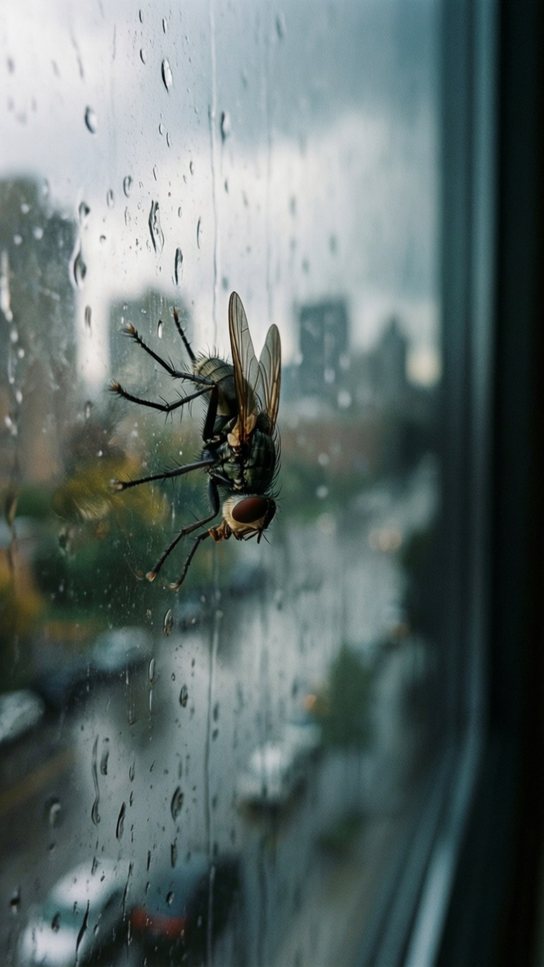 一隻蒼蠅黏在雨窗上，俯瞰城市。