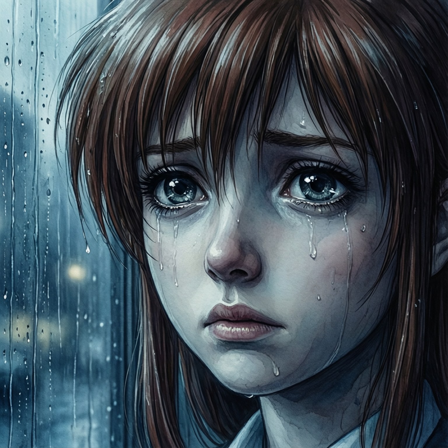 一個哭泣的動漫女孩望著雨窗，淚水順著臉頰流下。