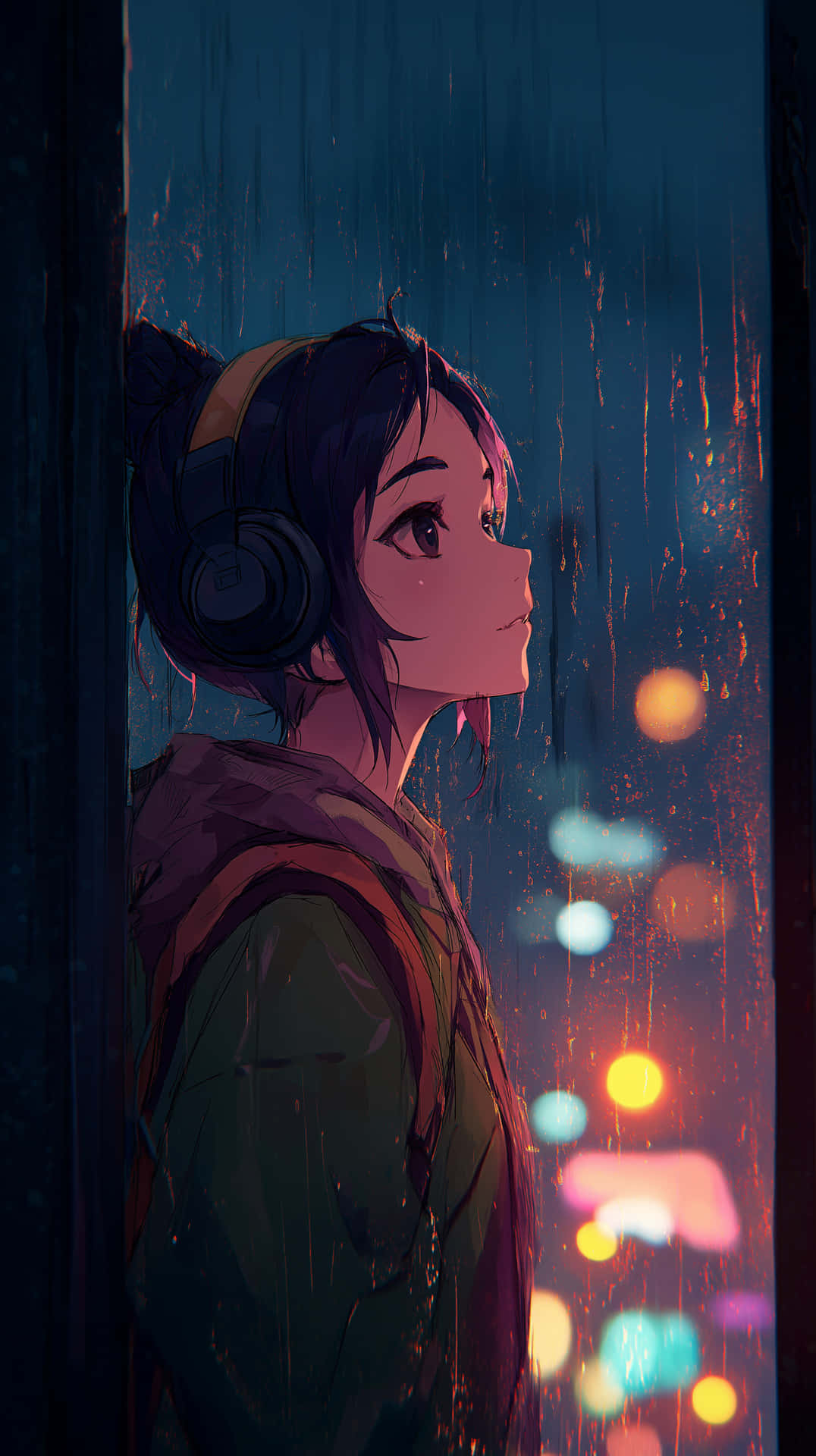 戴著耳機的年輕動漫女孩，透過雨水濺灑的窗戶，看著夜晚色彩繽紛的城市燈光。 — 藝術 壁紙