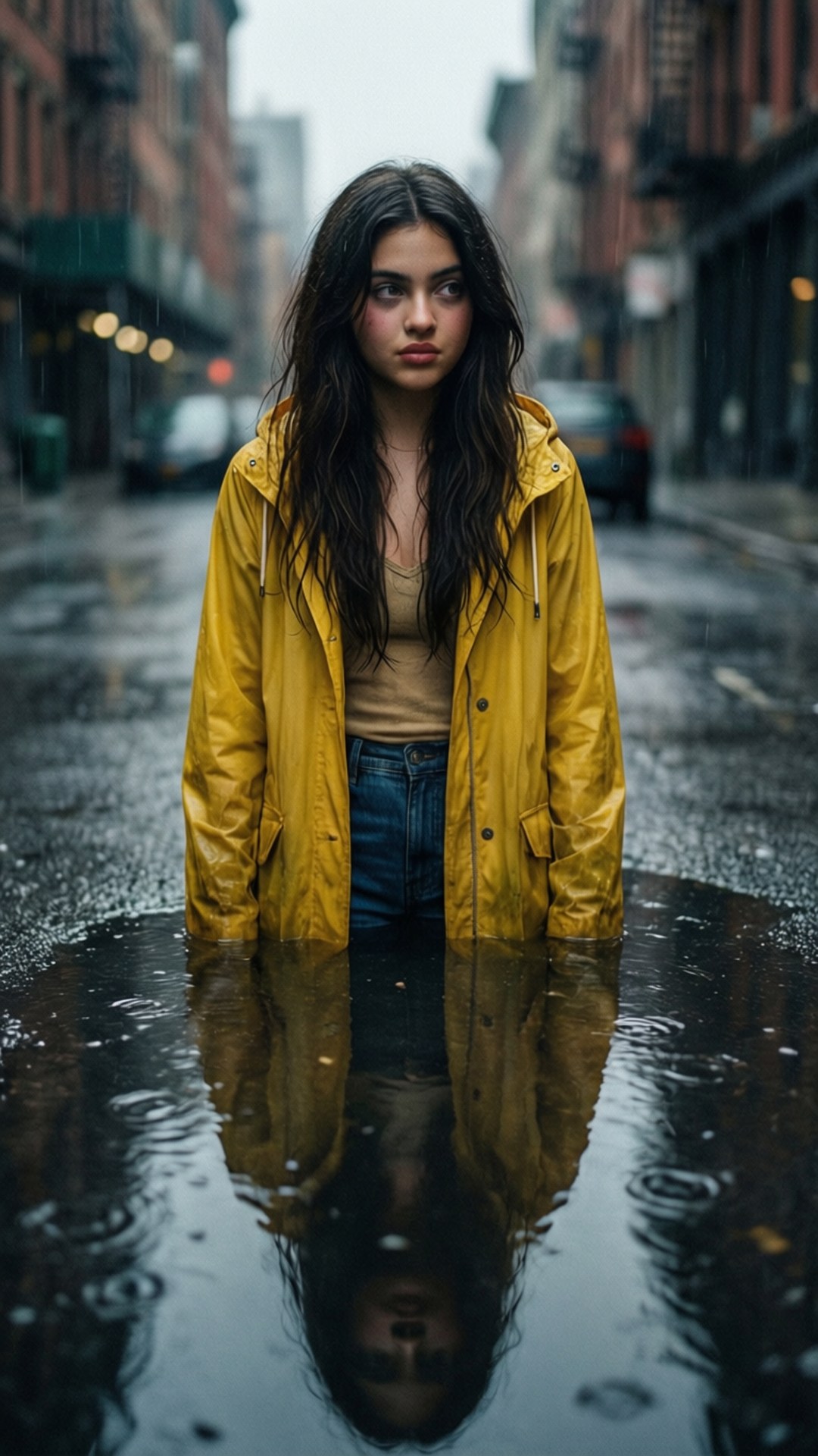 雨衣憂鬱 壁紙 — 一位身穿亮黃色雨衣的年輕女子站在城市街道的水坑中，水深及膝，雨水在她周圍落下。