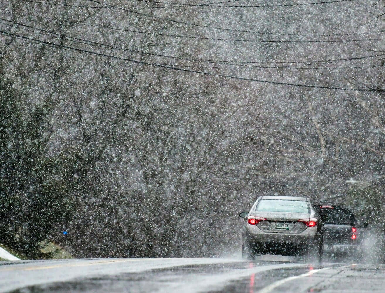 銀色汽車在暴風雪中行駛在濕滑道路上，有光禿禿的樹木