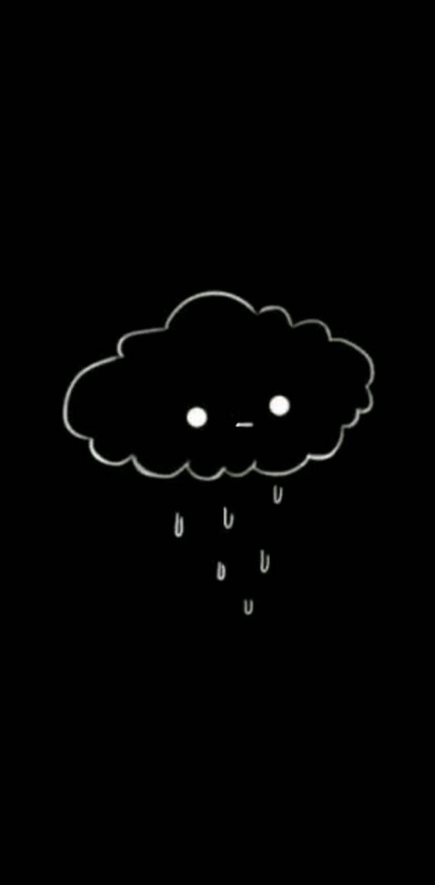 一個簡單的悲傷雲朵，雨滴在黑色背景上落下。
