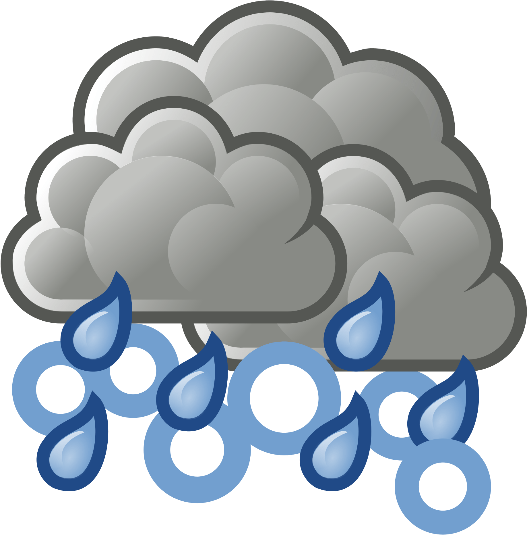 雨雲剪貼圖 壁紙 — 一個風格化的灰色雲朵，帶有藍色雨滴落在黑色背景上。