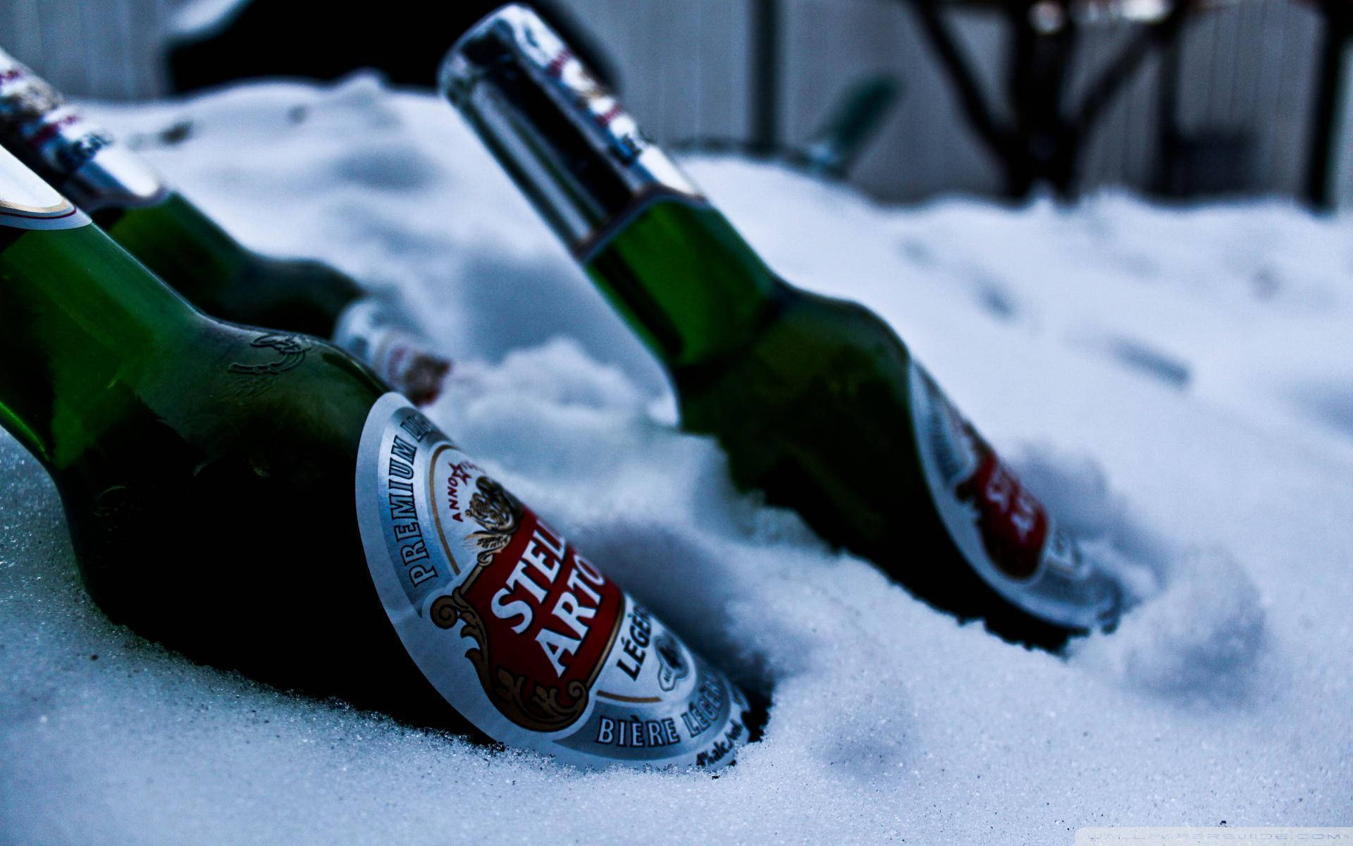 兩個冰凍啤酒瓶在冬日裡依偎在新雪中。