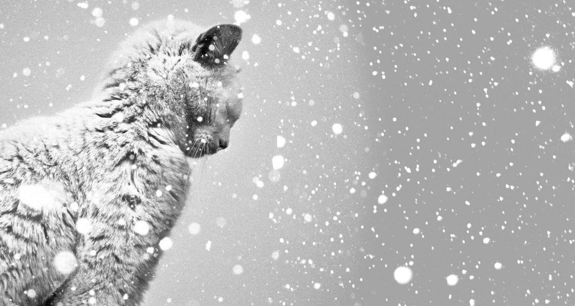 雪中凍僵白貓圖 壁紙 — 一隻平靜的灰色貓咪坐在雪景中，雪花輕輕飄落在牠周圍，呈現單色調。