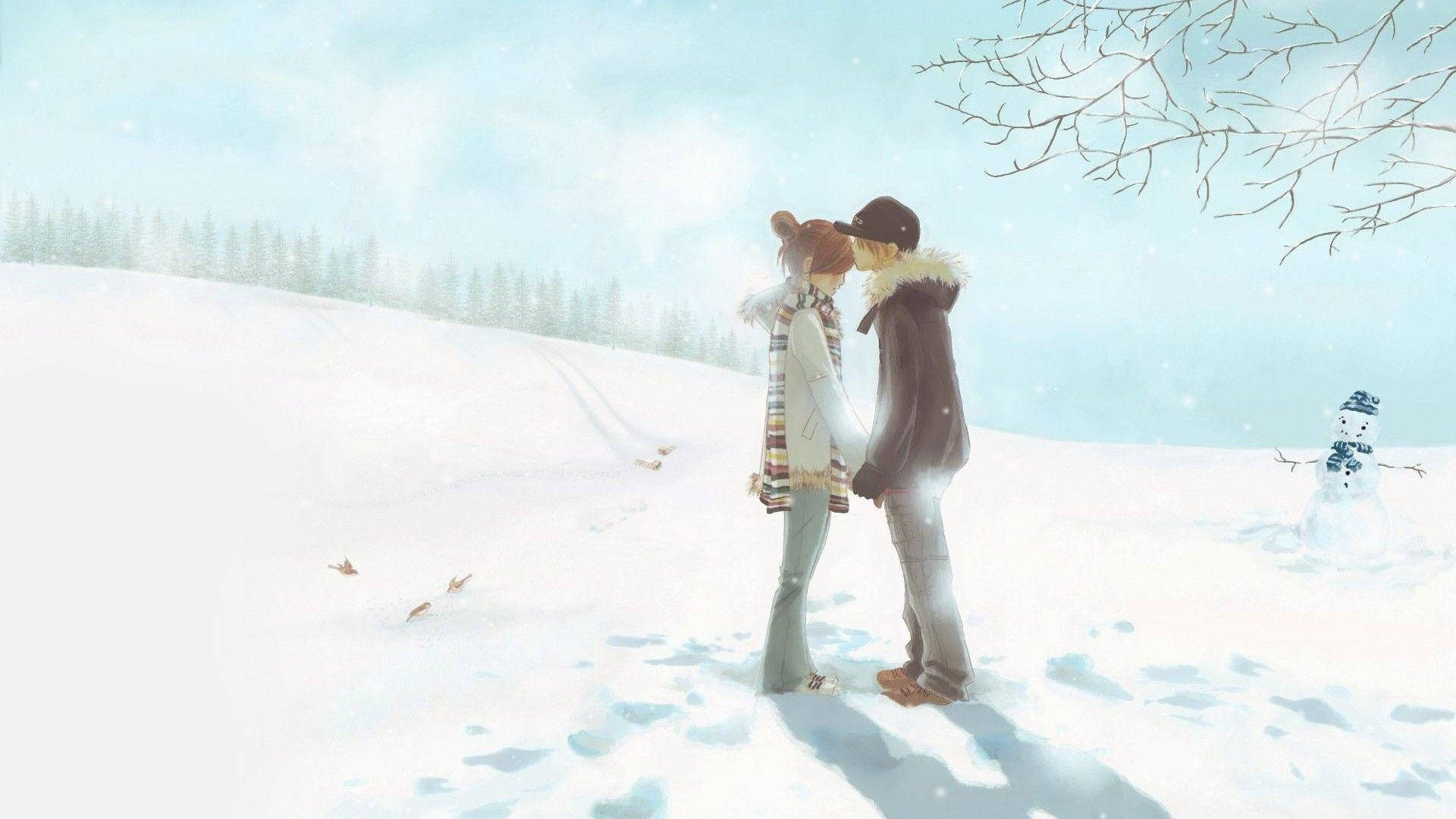 一對情侶在雪地上親吻，附近有一個雪人。