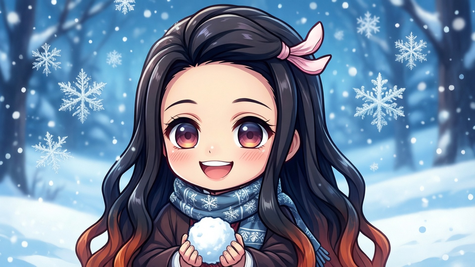 冬季森林中拿著雪球的動漫女孩，雪花飄落