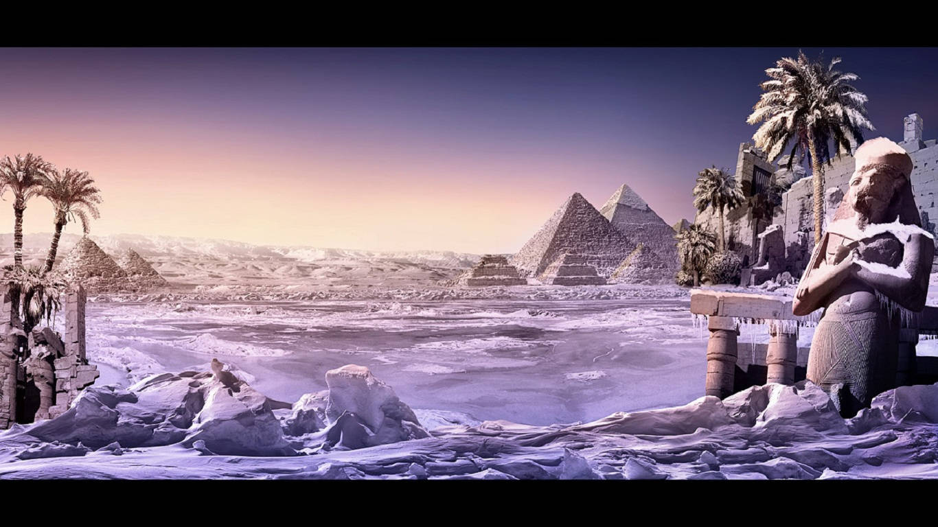 雪中埃及 壁紙 — 古埃及金字塔和雕像被雪覆蓋，在紫色日落天空下，有棕櫚樹。